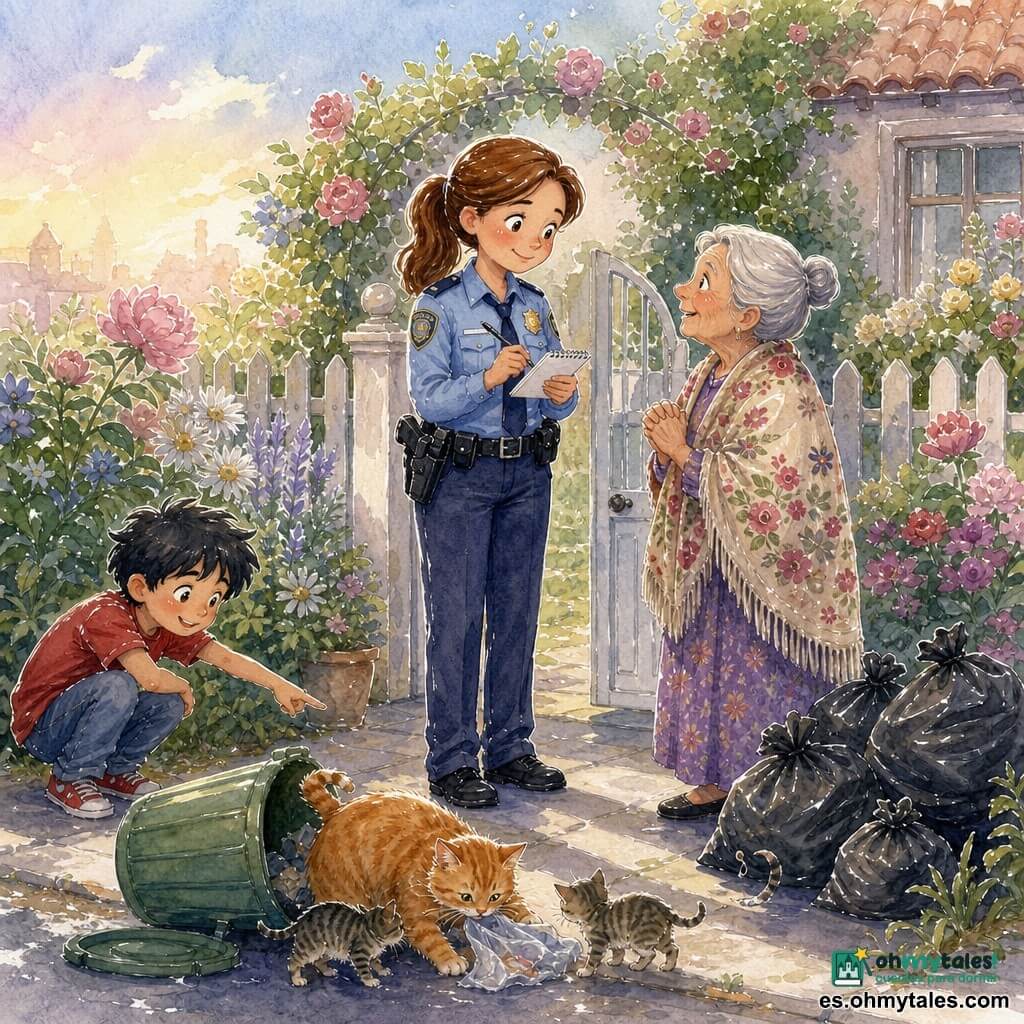Una policía sonriente, Clara, de rostro amable y coleta, uniforme azul claro, escribe en un pequeño cuaderno y explica con calma la solución frente a la casa de la señora Pérez; la señora Pérez, anciana baja con chignon y châle floreado, está junto a bolsas de basura esparcidas, aliviada y emocionada; el niño Miguel, curioso y tímido, señala a un gran gato rojizo que juega con una bolsa de plástico mientras gatitos atigrados lo rodean; jardín pequeño con valla blanca, flores coloridas y un contenedor verde volteado, luz suave de mañana; vecinos observan, ambiente apacible y cooperativo; estilo: acuarela luminosa, contornos delicados, colores pastel y textura de papel, composición centrada en Clara y la señora Pérez.