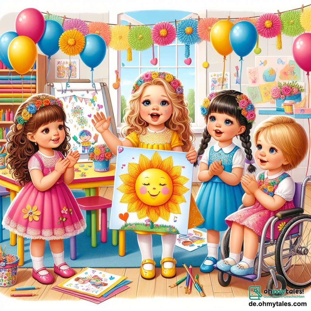 In einem bunten Klassenzimmer stehen vier kleine Mädchen von drei Jahren im Kreis, umgeben von festlichen Dekorationen. **Emma** hat lockige braune Haare und trägt ein leuchtend gelbes Kleid. Sie lächelt breit, während sie ein großes Bild mit einer lächelnden Sonne hält. **Lina** hat geflochtene blonde Haare und trägt ein rosa Kleid. Sie klatscht im Rhythmus des Liedes, das sie singen, ihre Augen strahlen vor Freude. **Sophie** hat glattes kastanienbraunes Haar und trägt ein blaues Kleid. Sie singt leise mit einem sanften Lächeln und hält ein kleines Herz aus Papier. **Mia** hat glattes schwarzes Haar und sitzt in ihrem hübschen, mit Blumen dekorierten Rollstuhl. Sie lächelt groß und hält eine bunte Karte voller Zeichnungen und Glitzer. Der Raum ist mit bunten Ballons und Papierblumen geschmückt, die Tische sind mit Zeichnungen und handgemachten Karten bedeckt. Die vier Freundinnen bereiten eine besondere Überraschung zum Muttertag vor, singen und zeigen stolz ihre Kunstwerke, strahlend vor Glück und Aufregung.