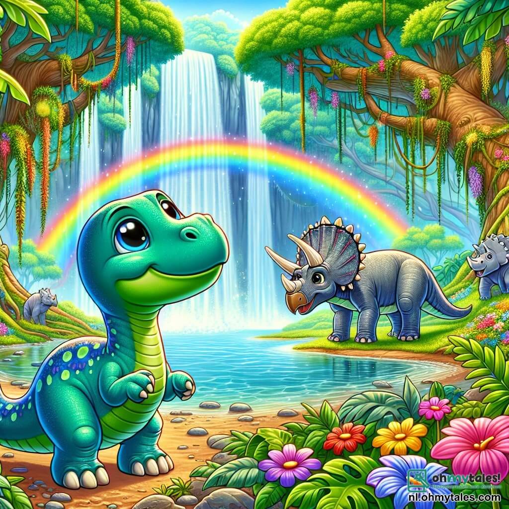 Een jonge diplodocus genaamd Dippy, met een lange en gracieuze nek, glanzende groene schubben en grote ronde ogen vol verwondering, staat aan de rand van een prachtige waterval. Hij kijkt opgewonden naar het glinsterende water dat in een regenboog valt, zijn voorpoten iets opgetild alsof hij klaar is om op avontuur te gaan. Naast hem leunt Timmy, een triceratops met goed zichtbare hoorns en een grijzige huid, nieuwsgierig naar voren, terwijl hij de scène met bewondering observeert. Rexy, een vriendelijke T-rex, staat iets verder weg met een blije uitdrukking op zijn gezicht, zijn grote poten stevig in de grond verankerd, klaar om deze ontdekking te delen met zijn nieuwe vrienden. De locatie is een weelderige jungle, vol grote bomen met gigantische bladeren, kleurrijke bloemen en hangende lianen, terwijl het rustgevende geluid van stromend water een magische sfeer creëert. De belangrijkste situatie toont Dippy, Timmy en Rexy die samen de schoonheid van de waterval ontdekken, vol enthousiasme en vriendschap, klaar om de wonderen van hun nieuwe omgeving te verkennen.