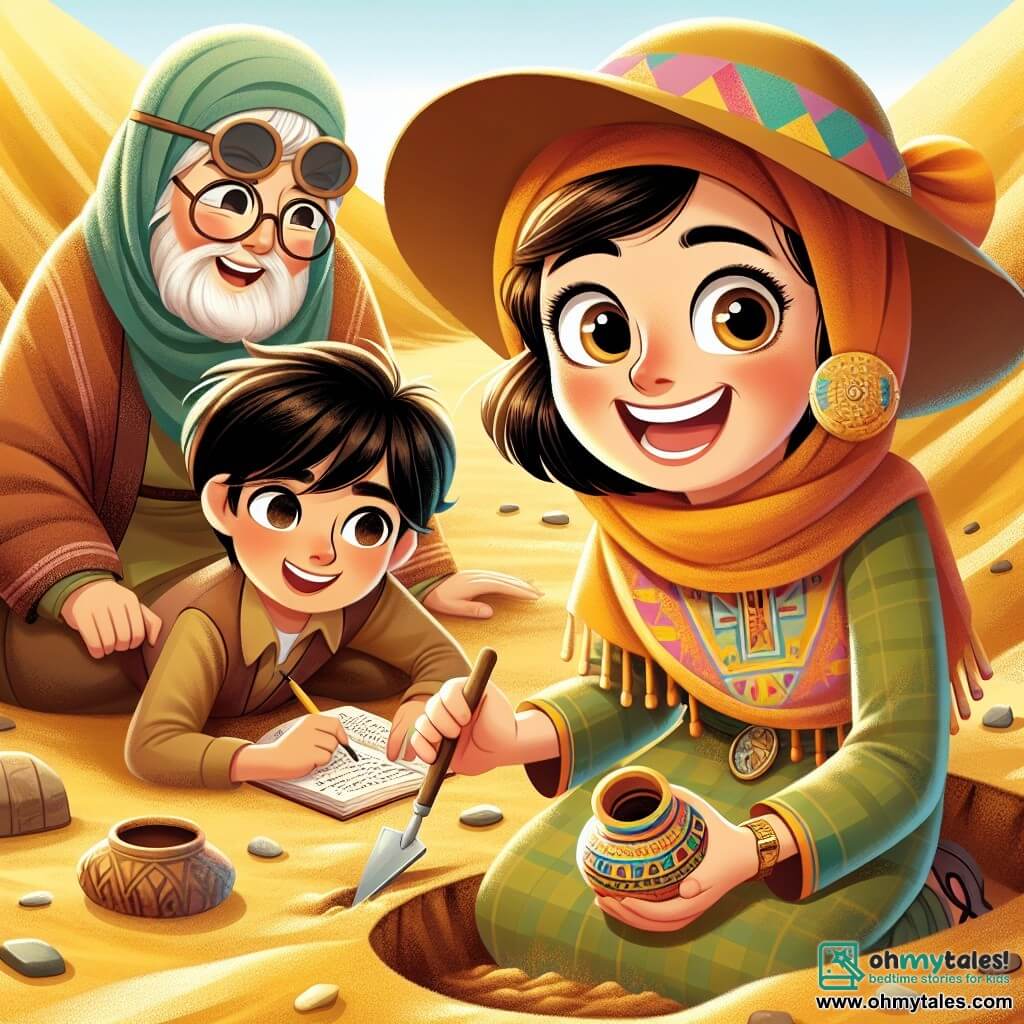 Dr. Layla, an enthusiastic archaeologist in her thirties, wears a large brown hat and sunglasses. With her brown hair tied in a ponytail and a bright smile, she crouches in the golden sand, holding a small brush and a trowel, her eyes sparkling with excitement as she uncovers an ancient ceramic pot. Beside her, Amir, a 10-year-old boy with black hair and curious eyes, attentively observes while sketching what he sees, sitting on a flat stone. Nana, an elderly woman around 50 with gray hair and a colorful shawl, takes notes in a notebook, standing near Dr. Layla with a focused and caring expression. The setting is an archaeological site in the Iranian desert, surrounded by golden sand dunes under a bright blue sky, with old stones and pottery fragments scattered around, creating an atmosphere of mystery and adventure. The main scene shows Dr. Layla discovering an ancient pot while her friends encourage her with smiles, all united in their quest to uncover the secrets of the past.