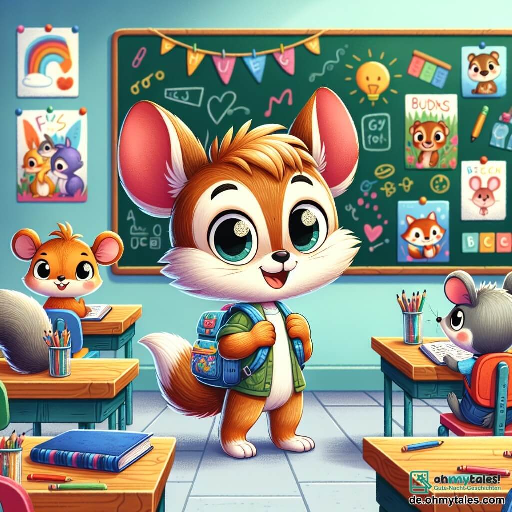 Ein junges kleines Tier mit großen Ohren, einem weichen, hellbraunen Fell, steht in einem bunten Klassenzimmer und zeigt eine Ausdruck von Aufregung und Neugier. Es trägt einen kleinen, leuchtend blauen Rucksack, gefüllt mit Schulmaterialien, und schaut aufmerksam auf eine Tafel, die mit bunten Zeichnungen und Wörtern dekoriert ist. Neben ihm sitzt ein anderes kleines Tier, ein Eichhörnchen mit rotem Fell und funkelnden Augen, auf einem Stuhl, lächelt und hält ein Skizzenbuch. Es wirkt begeistert und bereit, seine Ideen mit seinen Freunden zu teilen. Ein weiteres Wesen, eine kleine graue Maus, beugt sich über ihren Schreibtisch, konzentriert auf ihre Arbeit, mit einem entschlossenen Ausdruck im Gesicht. Die Szene spielt in einem hellen Klassenzimmer mit Fenstern, die Sonnenlicht hereinlassen, Bildungsplakaten an den Wänden und bunten Holztischen. Stifte, Bücher und Spielzeuge sind auf den Tischen verteilt und verleihen der Umgebung Leben. Die Hauptsituation zeigt das junge Tier, das seine Präsentation über Füchse hält, umgeben von seinen Freunden, die alle gespannt sind, zuzuhören und gemeinsam zu lernen, was die Aufregung und Freundschaft bei Schulbeginn verdeutlicht.