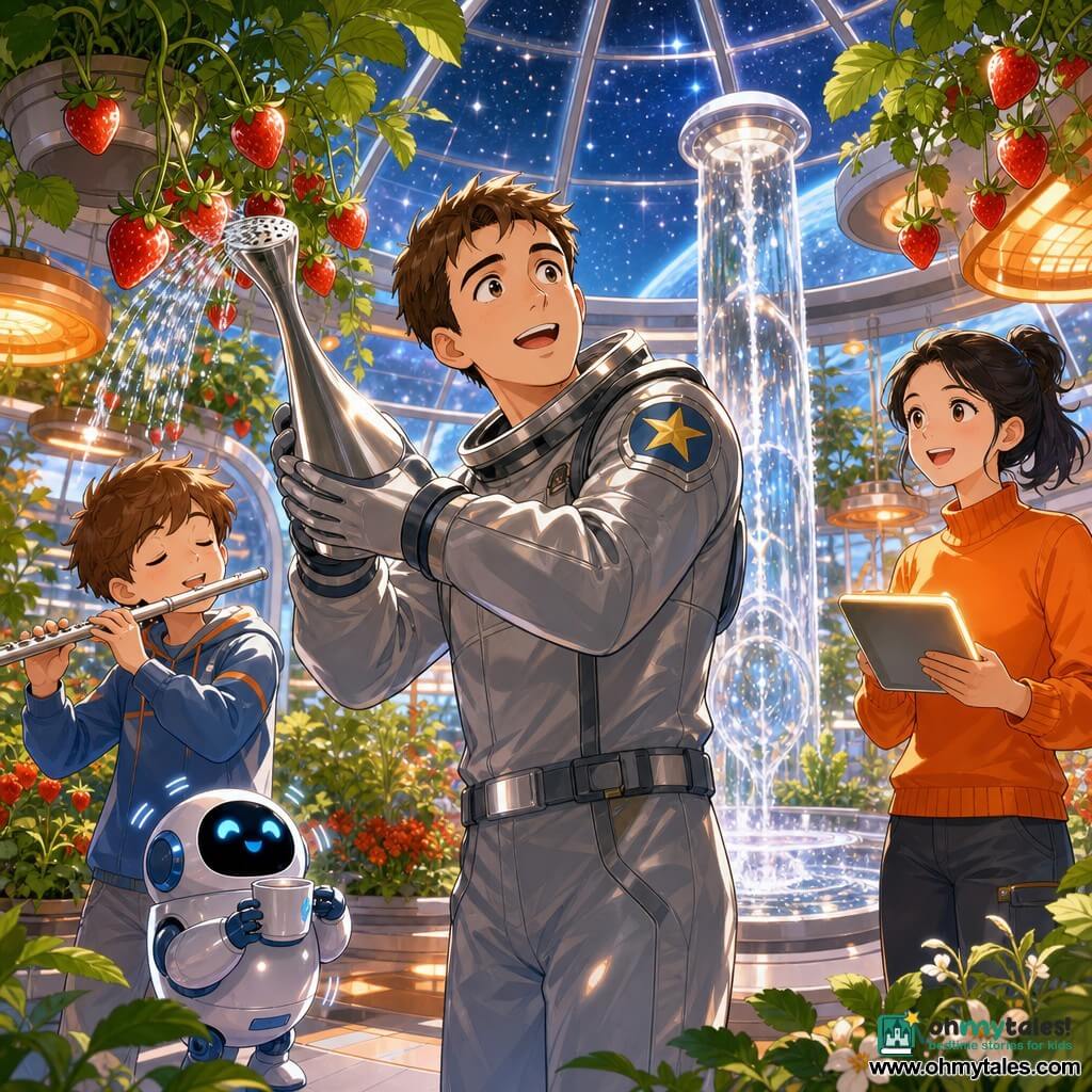 A man, Jonah, an astronaut with short brown hair, an amazed face and gentle smile in a shiny gray suit with a star badge waters small hanging strawberries with a metal watering can shaped like a spout, a woman, Dr. Suri, an adult with tied black hair and a bright orange sweater smiles while holding a glowing tablet slightly behind Jonah to his right, a boy, Leo, about 8 with chestnut hair enthusiastically plays a flute near a small robot to Jonah's left, Pip, a small round white-and-blue robot with glowing eyes holds a cup and vibrates happily on the floor between Jonah and Leo, the scene is a bright round space greenhouse with a transparent glass dome, green plants, hanging strawberries, orange solar lamps and a central glass fountain pillar sparkling with silvery water, Jonah waters while Leo plays, the fountain reactivates and sparkling droplets float, warm pastel colors and star reflections through the dome