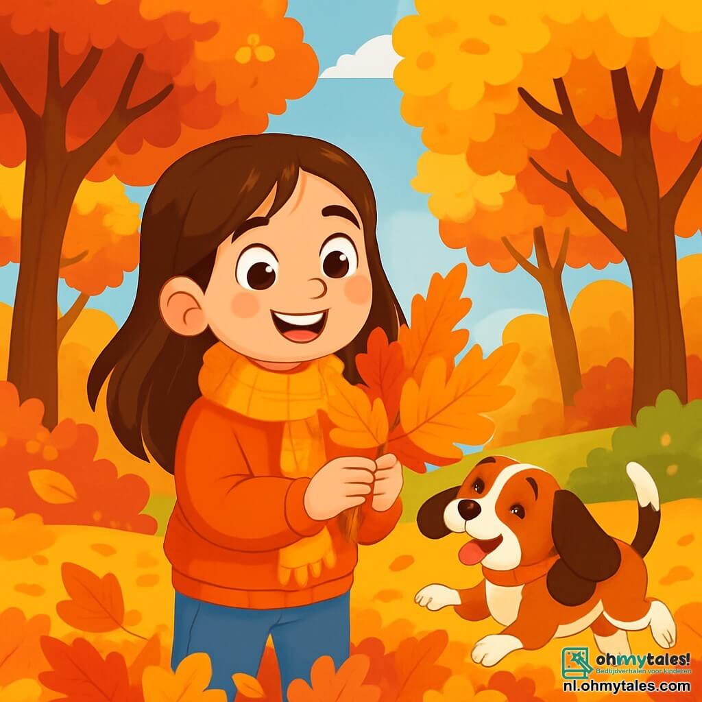 Een 8-jarig meisje met lange bruine haren en nieuwsgierige ogen staat in het midden van een herfstbos. Ze draagt een feloranje trui en een wollen sjaal, haar wangen zijn roze van opwinding. Ze houdt een prachtig gouden en oranje loof in haar handen en glimlacht verwonderd. Naast haar springt een kleine beagle met grote hangoren vrolijk in de bladeren, zijn staart kwispelend van blijdschap. Op de achtergrond rijzen majestueuze bomen met vlammenrode, gele en gouden bladeren omhoog naar de heldere blauwe lucht, terwijl de grond bedekt is met een dikke laag kleurrijke bladeren. De scène toont het meisje en haar hond die de mooiste herfst zoeken, omringd door de magie van de natuur, met zonnestralen die door de takken filteren en hun herfstavontuur verlichten.