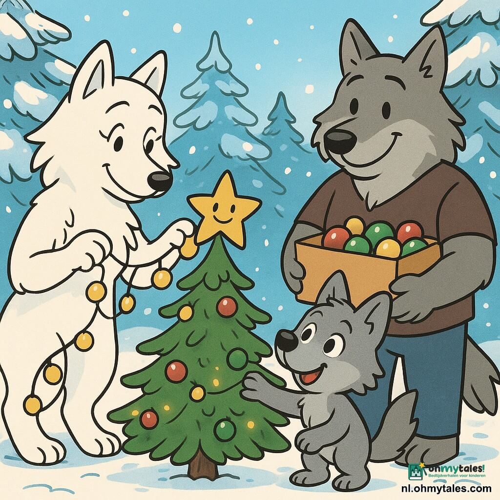 Een kleine wolf met een zachte grijze vacht en stralende ogen hangt een gouden ster bovenaan een kleine kerstboom. Zijn moeder, een wolf met een witte vacht en vriendelijke ogen, staat naast hem, glimlachend terwijl ze een lichtslinger aanpast. De vaderwolf, stevig en geruststellend, houdt een doos met kleurrijke versieringen vast, staand naast de boom. Ze bevinden zich in een besneeuwde open plek, omringd door grote bomen bedekt met fonkelende sneeuw. De boom is versierd met kleine rode en groene ballen, en gele lichtjes verlichten zachtjes de scène.