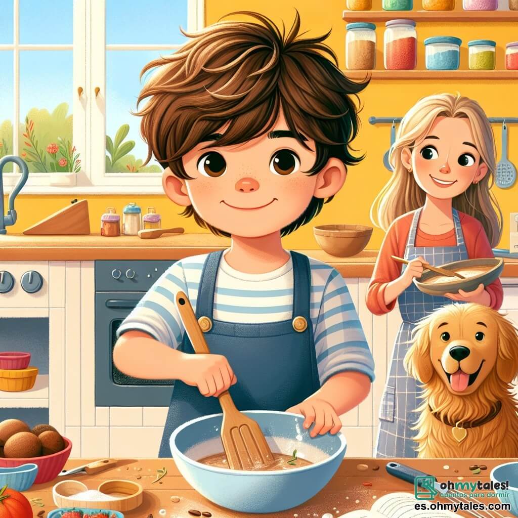 Un niño de 9 años, Lucas, con cabello marrón despeinado y una gran sonrisa, está de pie en una cocina colorida, rodeado de ingredientes frescos. Lleva un delantal azul un poco grande para él y sostiene una espátula de madera, luciendo concentrado y alegre, listo para preparar una sorpresa para su papá. A su lado, su mamá, una mujer de unos treinta años con cabello largo y rubio, sonríe mientras lo observa, sosteniendo una bandeja de pasteles recién horneados. En un rincón, su perro Max, un golden retriever de pelaje dorado, los mira con ojos brillantes, ansioso por probar la comida. La cocina es luminosa, con paredes amarillas, estanterías llenas de tarros de especias coloridos y una ventana abierta que deja entrar la luz del sol, creando una atmósfera cálida y acogedora. La escena principal muestra a Lucas mezclando ingredientes en un gran bol, mientras el aroma dulce de la repostería llena el aire, ilustrando el amor y la magia de una preparación para el Día del Padre.