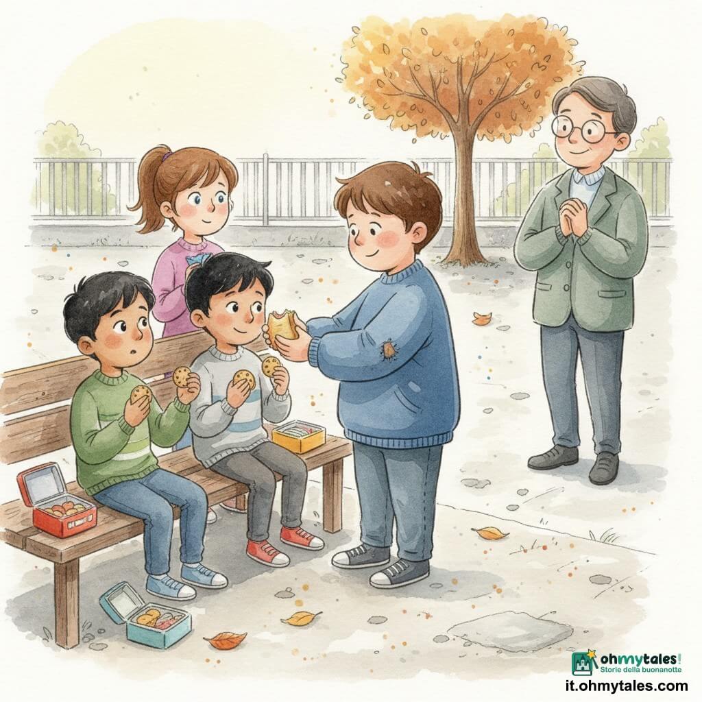 Un bambino di 8 anni, dal carattere dolce e determinato, volto rotondo, capelli castani corti, indossa una grande felpa blu leggermente consumata ai gomiti, è seduto su una panchina di legno e porge metà di un panino a un compagno; un altro bambino di 8 anni (Samir), timido e sorpreso, pelle olivastra e capelli neri corti, tiene due biscotti e guarda il panino con gratitudine seduto accanto; una bambina di 8 anni (Giulia), occhi chiari e capelli castani raccolti in coda, tiene una merendina confezionata e osserva curiosa dal bordo della scena; un insegnante adulto (maestro Paolo), sui cinquant'anni, occhiali rotondi e giacca grigio-verde, sorride discretamente a pochi passi con le mani incrociate; cortile della scuola disegnato ad acquerello con pavimento di cemento chiaro, foglie autunnali, panchine consumate, casse per merende colorate e un albero sullo sfondo, luce morbida di tarda mattinata; situazione di condivisione semplice e calorosa, atmosfera di empatia e generosità.