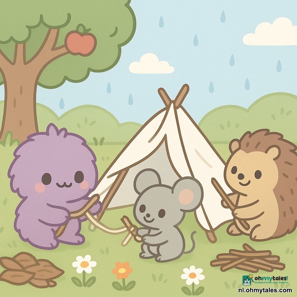 Hoofdpersonage Lieve, een paarse, pluizige wezentje met grote fonkelende ogen en een vastberaden vrolijke uitdrukking, houdt een houten stok en knoopt raffia om een mini-tent te maken; rechts van haar hurkt Suzie, een grijze muis met gladde vacht, speels glimlachend en bezig met het raffia, en Karel, een bruine egel met zachte ronde stekels, staat iets achteraan onder een tak en houdt een andere stok; de scène speelt zich af in een klein beschut tuintje onder een appelboom met hoog groen gras, madeliefjes, een bladhoop en enkele takken, en een licht bewolkte hemel; de drie vrienden bouwen een geïmproviseerde mini-tent van drie stokken en een groot doek, de wind tilt het doek licht op en er vallen enkele druppels regen, zachte sfeer, pastelkleuren, duidelijke gecentreerde compositie.