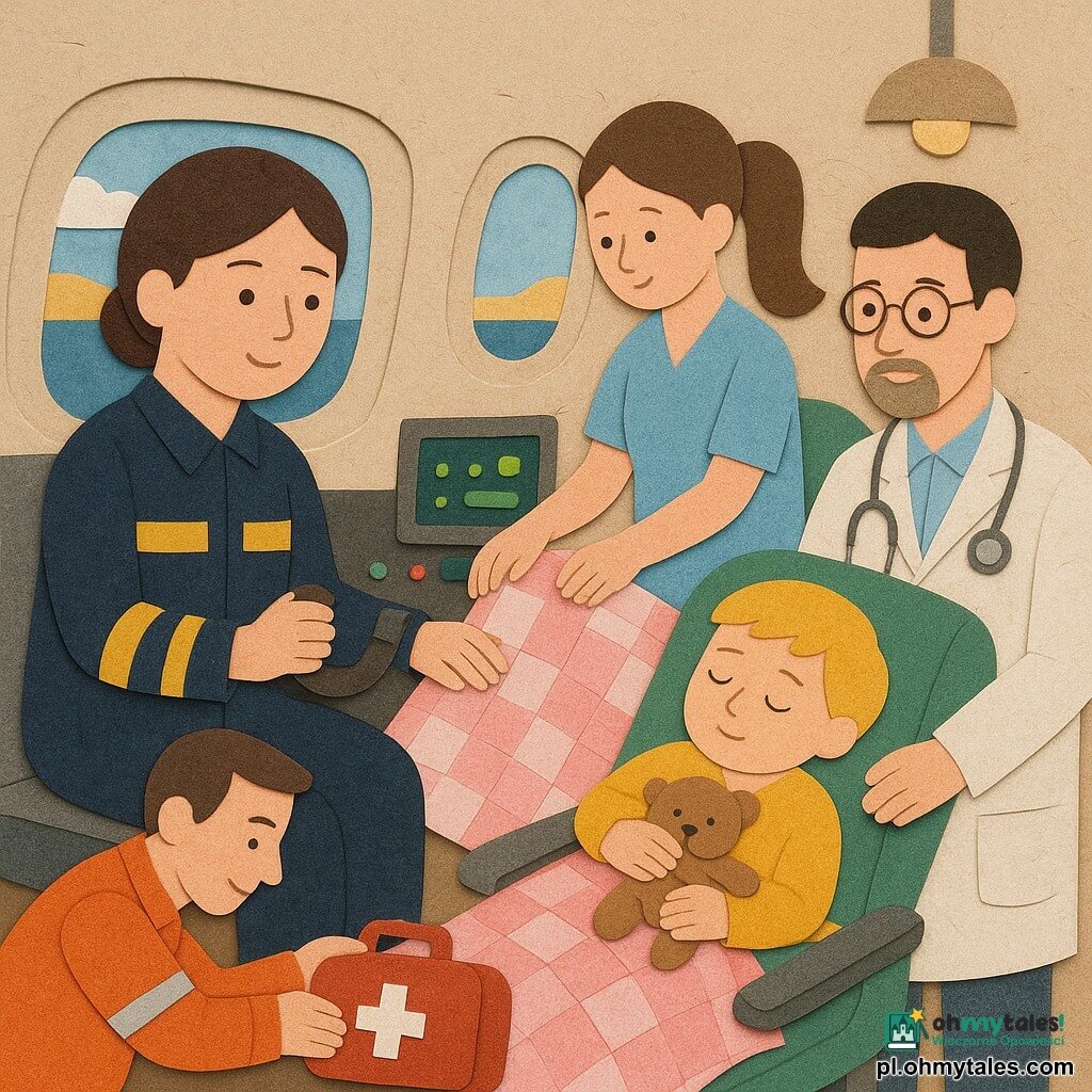 Kobieta pilotka, 34 lata, krótkie brązowe włosy, skupiony uśmiech, trzyma drążek, w granatowym kombinezonie z odblaskami, siedzi w kokpicie przed okrągłymi zegarami i prostokątnymi ekranami; pielęgniarka, 32 lata, długie włosy związane w kitkę, delikatna, przykrywa kratkowanym kocem małego chłopca; ratownik, 30 lat, lekka broda, klęczy i odkłada czerwoną apteczkę po lewej; lekarz, 40 lat, w okrągłych okularach, trzyma srebrny stetoskop i sprawdza monitor z zielonymi światłami; chłopiec, 4 lata, blond, śpi, trzyma brązowego misia, owinięty w różowy koc, leży na pochyłym fotelu w środku; wnętrze sanitarki lotniczej: kremowe ściany o fakturze papieru, owalne okna z widokiem na złociste wybrzeże i niebieskie morze, zielone fotele, żółte pasy, czerwone skrzynki medyczne i wisząca okrągła lampa; scena: samolot leci nad połyskującym wybrzeżem, pilotka obsługuje stery, załoga opiekuje się chłopcem, instrumenty migoczą jak pastylki.