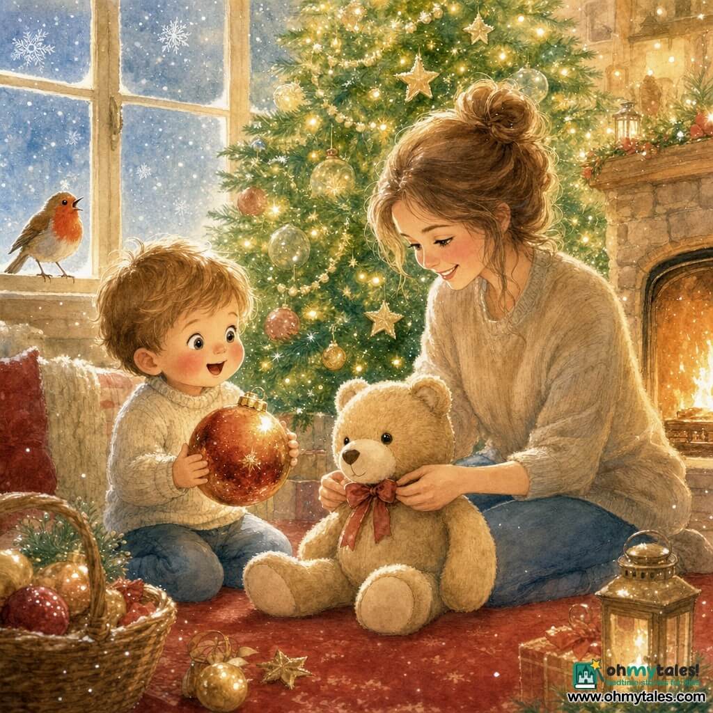 The main character is two-year-old Max, round-faced with rosy cheeks and a delighted smile, holding a shiny Christmas bauble in his chubby hands; his mother, about 30, with light brown hair in a soft bun, sits nearby smiling as she places a beige plush teddy under a decorated green tree; a bright-red robin perches on the windowsill singing as large snowflakes fall outside; the warm, cozy living room has a red rug, golden-star ornaments, warm fairy lights and a stone fireplace with small orange flames, creating a gentle, luminous Christmas moment.