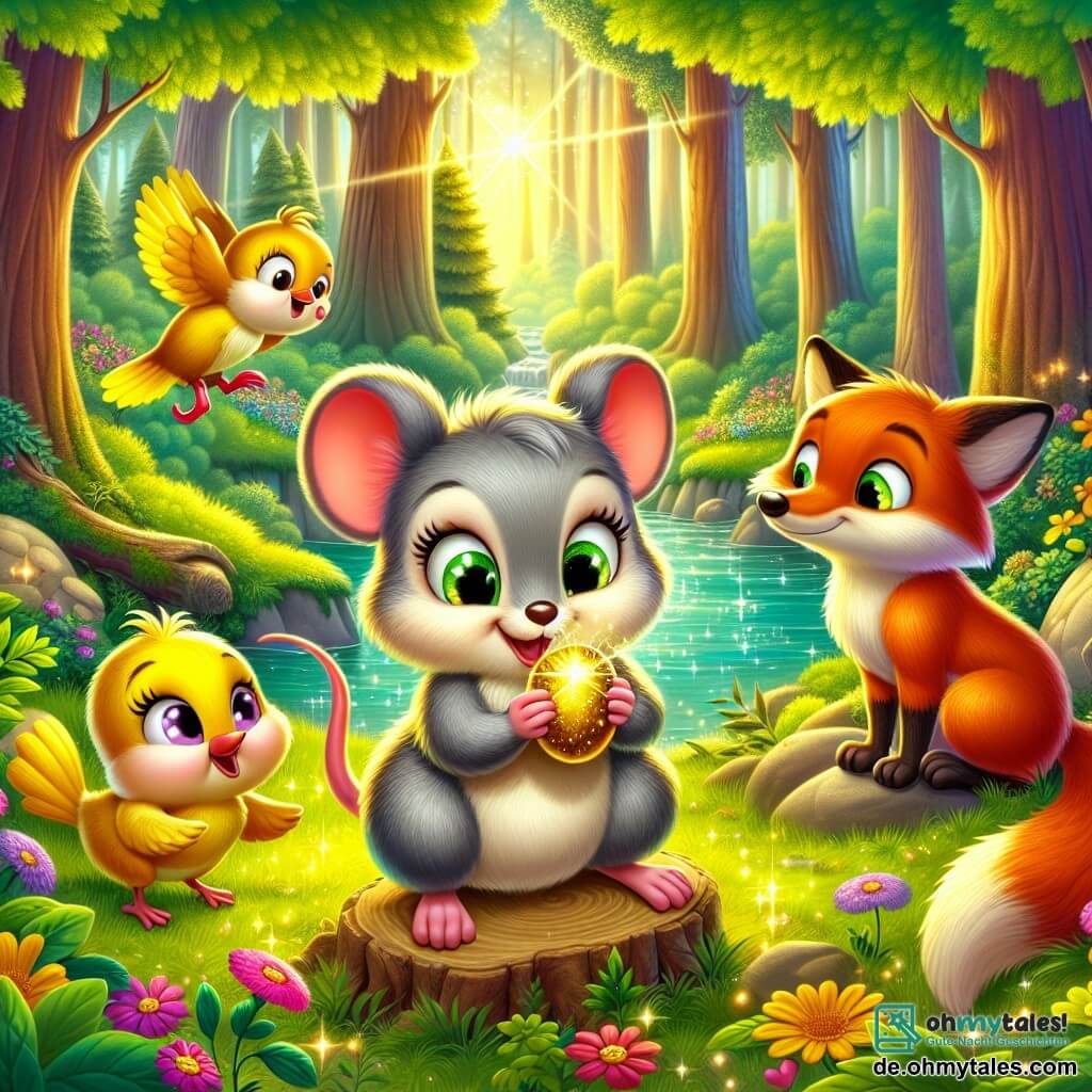 Eine kleine Maus namens Mia, mit weichem grauem Fell und funkelnden neugierigen Augen, steht im Zentrum der Szene und hält eine glänzende goldene Nuss in ihren kleinen Pfoten, ihr Gesicht strahlt vor Staunen und Aufregung. Rechts von ihr fliegt ein kleiner Vogel namens Pip, mit leuchtend gelben Federn und einem leuchtend roten Schnabel, fröhlich um sie herum und singt eine fröhliche Melodie. Links sitzt ein schlauer Fuchs namens Fred, mit feurig rotem Fell und einem buschigen Schwanz, auf einem Stein und beobachtet die Szene mit einem schelmischen Lächeln, bereit, seinen Freunden zu helfen. Der Ort ist eine wunderschöne Lichtung im Wald, durchflutet von goldenem Licht, umgeben von hohen Bäumen mit leuchtend grünen Blättern, gespickt mit bunten Blumen, die im Wind tanzen. Im Hintergrund schlängelt sich ein glitzernder Bach durch das Grün und verleiht der Umgebung einen Hauch von Magie. Die Hauptsituation zeigt Mia, die von der magischen Nuss, die sich gerade öffnet, begeistert ist, während sie zu wachsen beginnt, umgeben von ihren Freunden, die sie in diesem unglaublichen Abenteuer ermutigen.