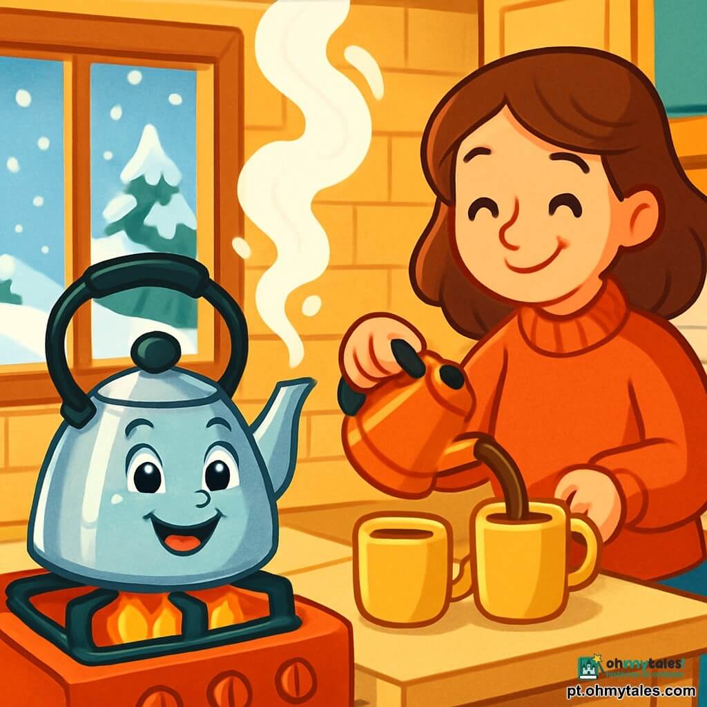 Uma chaleira de metal brilhante, chamada Lili, está sobre um fogo vivo em uma cozinha acolhedora, com um sorriso alegre e olhos brilhantes de felicidade. Ela exala vapor suave que dança no ar fresco do inverno. Ao lado dela, uma mãe sorridente, vestida com um suéter de lã vermelho, enche xícaras de chocolate quente, seu rosto irradiando ternura e calor. A cozinha é pequena e acolhedora, com paredes de madeira clara, uma janela com vista para um jardim coberto de neve, onde flocos de neve caem suavemente. Nessa cena, Lili prepara água quente para aquecer os corações de sua família em um frio dia de inverno, enquanto a luz dourada da cozinha contrasta com o branco brilhante da neve do lado de fora.