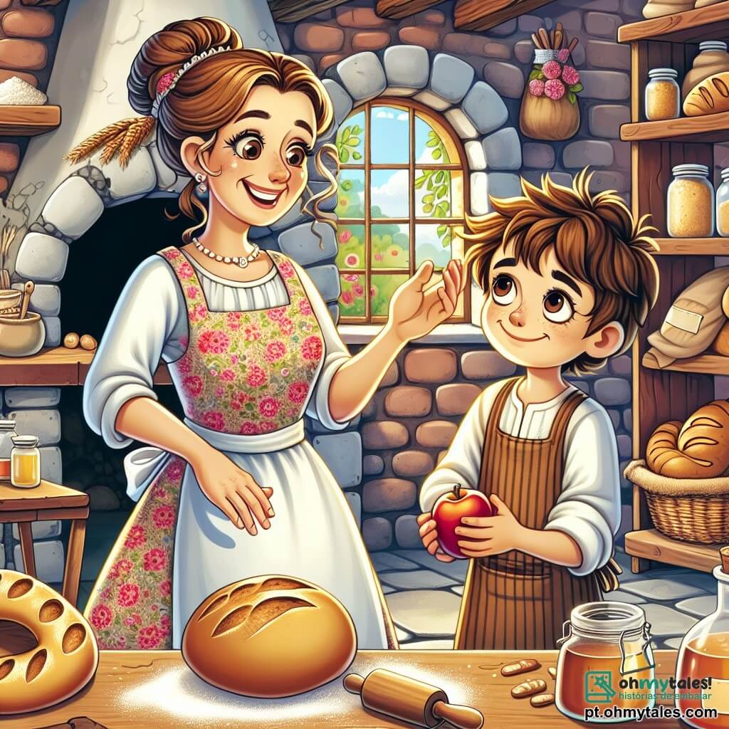Dona Clara é uma mulher de cinquenta anos, com cabelos castanhos presos em um coque, olhos brilhantes de alegria e um sorriso caloroso. Ela usa um bonito avental florido e está amassando uma massa de pão em sua cozinha, cercada por sacos de farinha e utensílios de padaria. Ao seu lado está Miguel, um garoto de dez anos, com cabelos castanhos bagunçados e olhos curiosos. Ele está em um banquinho, observando Dona Clara com um olhar maravilhado, segurando uma maçã nas mãos. A cena ocorre na charmosa padaria "Pão de Sol", com paredes de tijolos vermelhos, prateleiras de madeira cheias de pães dourados e uma grande janela que deixa entrar a luz da manhã, iluminando o ambiente. Nesta ilustração, Dona Clara e Miguel estão preparando um pão de maçã e mel, com pedaços de maçã e um pote de mel sobre o balcão, enquanto um aroma delicioso preenche o ar, simbolizando a magia da padaria e a felicidade de criar juntos.