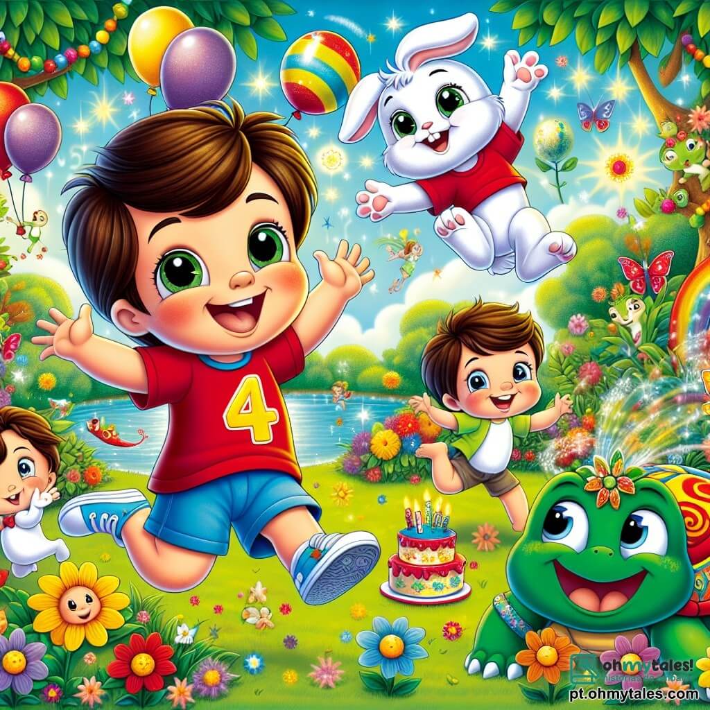 Um menino de 4 anos chamado Pedro, com cabelos castanhos e olhos brilhantes de alegria, usa uma camiseta vermelha e um short azul. Ele salta de felicidade no meio de um jardim mágico, cercado por flores coloridas que parecem sorrir. Ao seu lado, um coelhinho travesso chamado Pipo, com pelagem branca e grandes orelhas, faz acrobacias alegres, adicionando dinamismo à cena. Um pouco mais longe, a tartaruga Tuca, com sua carapaça verde decorada com padrões coloridos, observa com um sorriso gentil, pronta para revelar uma surpresa. O jardim está repleto de flores vibrantes, árvores com folhas douradas e um lago cintilante ao fundo, onde peixes coloridos saltam alegremente fora da água. A cena principal mostra Pedro, radiante de felicidade, cercado por seus amigos, celebrando seu aniversário com balões flutuantes e um bolo de festa, enquanto criaturas mágicas, como fadas e duendes, dançam ao redor, criando uma atmosfera festiva e encantada.