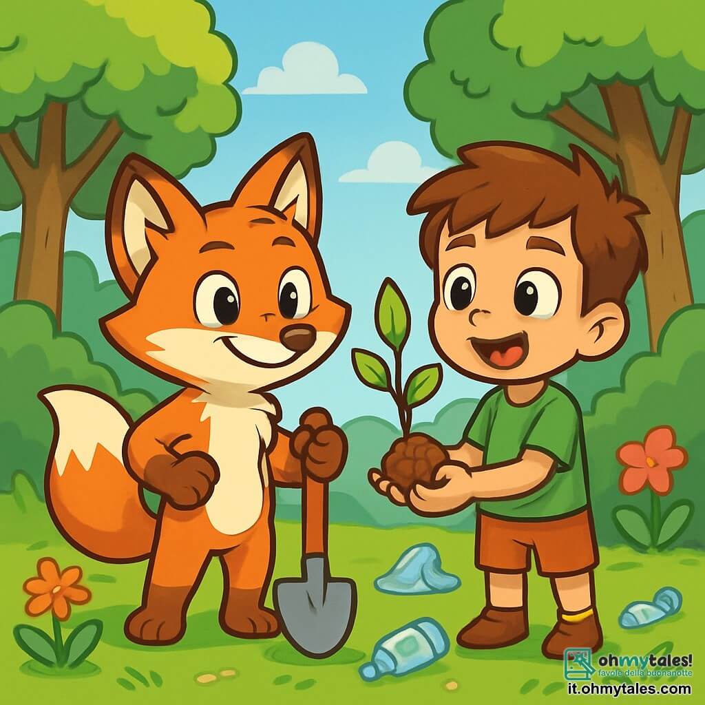 Un giovane volpe dai peli rossi brillanti, con grandi occhi curiosi e un sorriso determinato, si trova al centro dell'immagine, tenendo una piccola pala di legno, pronto a piantare un albero. Accanto a lui, un giovane ragazzo dai capelli castani e occhi scintillanti, vestito con una maglietta verde e pantaloni corti, guarda la volpe con ammirazione, tenendo un giovane albero tra le mani, pieno di entusiasmo. Sullo sfondo si estende una foresta verdeggiante, con alberi maestosi e fiori colorati che danzano nella leggera brezza. Alcuni pezzi di plastica sono sparsi sul terreno, ma l'atmosfera è piena di speranza e determinazione, mentre la volpe e il ragazzo si preparano a fare la differenza per il loro ambiente.