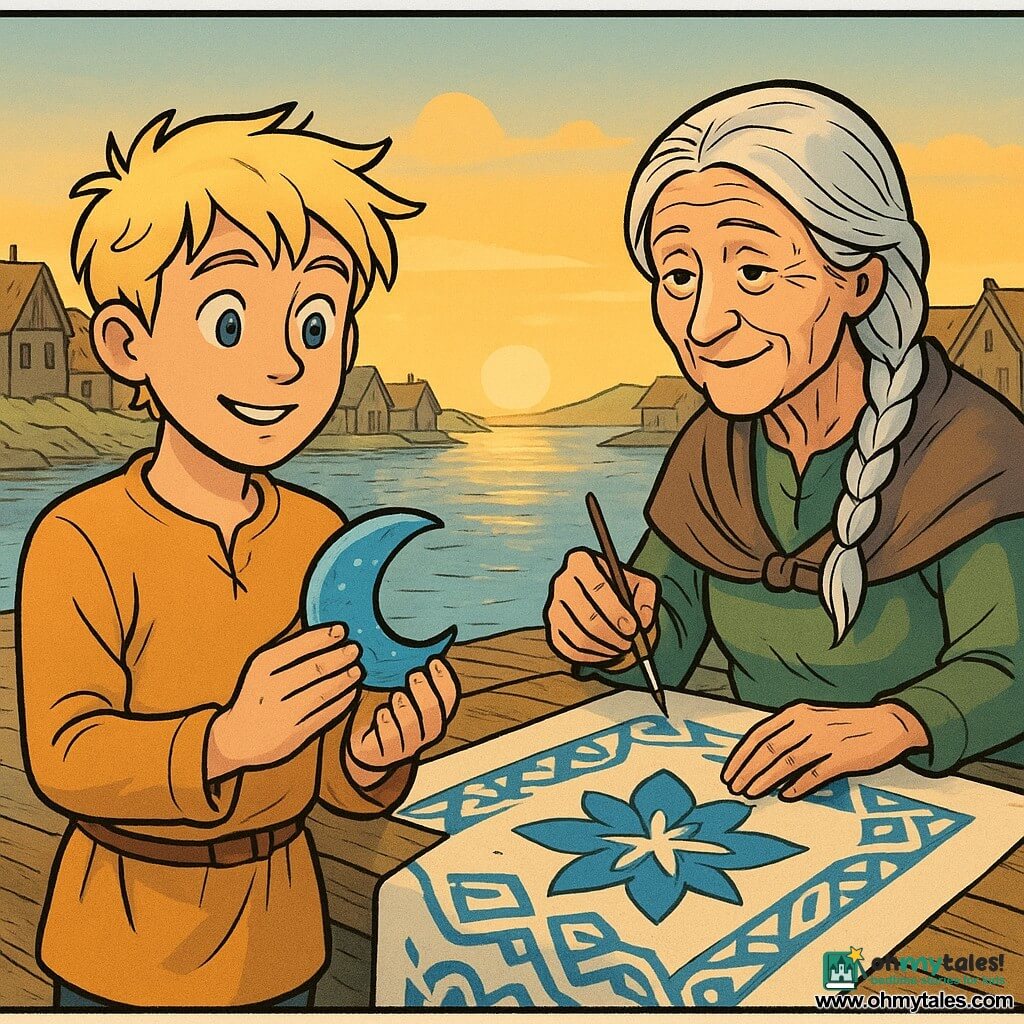 A young man named Soren, with tousled blond hair and sparkling blue eyes, stands on a wooden dock, holding a moon-blue shell in his hands. His face shows gentle determination and a sense of wonder. Beside him, an elderly woman named Halla, with silver hair and a wrinkled yet kind face, watches with a warm smile. She is painting a large banner with Nordic patterns. In the background, the coastal village is visible, with wooden houses and thatched roofs lining a calm, shimmering sea under the golden twilight. The main scene depicts Soren and Halla collaborating to create a magical banner symbolizing unity and peace in the village.