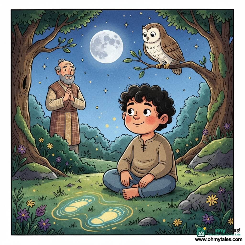 A boy named Kantu with a round face, warm skin, curly black hair and large, amazed eyes sits on the ground smiling softly and listening attentively with his hands on his knees, showing curiosity and peace with slightly raised brows and pink cheeks; an elderly man of about 70, the village ancestor, stands in the background left with a beard, woven robe and benevolent expression, hands clasped as if telling a legend; a white-and-brown owl perches on a branch above Kantu, head tilted watching; the setting is a moonlit clearing in a valley with dark green waving grass, purple and yellow flowers, mossy rocks and twisted trunks under a large silver moon in an indigo starry sky; around Kantu’s feet the ground shows luminous golden and blue ripples like echo waves suggesting the invisible giant’s steps and small glowing particles float—calm, magical nighttime scene centered on Kantu with soft contrasts of shadow and colored light.