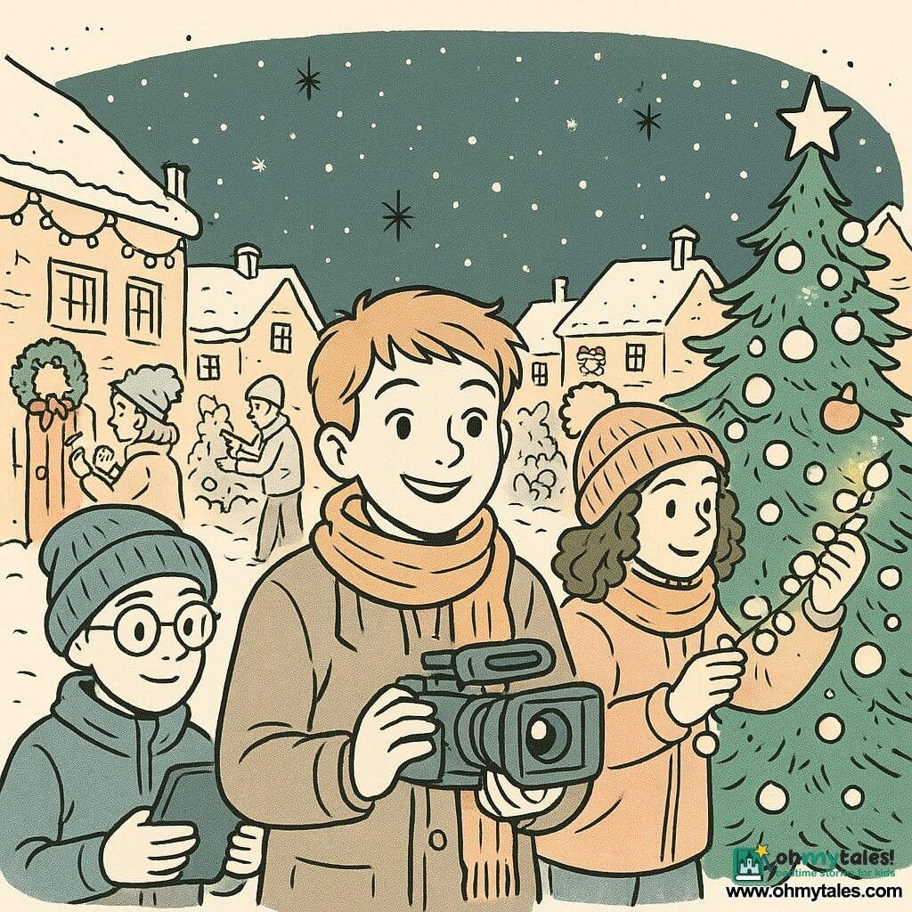 A 12-year-old boy named Oliver, with sparkling eyes and a warm smile, stands at the center of the stage, wearing a thick coat and a wool scarf. He holds a camera in his hands, capturing the magic of Christmas. To his right, a 12-year-old girl, Emma, with curly hair and wearing a wool hat, adjusts a string of lights on a decorated Christmas tree. To his left, a 12-year-old boy, Max, with round glasses and a pom-pom hat, looks at his tablet screen to check the shots. They stand in a snowy street in Littlewood, where houses are adorned with twinkling lights and holly wreaths. The main scene shows the trio creating a Christmas film, surrounded by smiling neighbors cheerfully decorating their homes, under a starry sky with snowflakes gently falling.