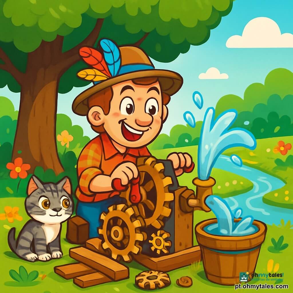 Um homem chamado Joaquim, com um grande sorriso alegre e olhos brilhantes de curiosidade, está sentado sob uma grande árvore verdejante. Ele usa um chapéu engraçado decorado com penas coloridas e uma camisa xadrez. Ele está trabalhando em sua máquina de água, cercado por peças de madeira e engrenagens brilhantes. Ao seu lado, seu gato Miau, um pequeno felino com pelos listrados cinza e branco, observa atentamente, com uma expressão curiosa no rosto. O local é um encantador jardim ensolarado, repleto de flores coloridas e grama verde, com um pequeno caminho levando a um riacho cintilante nas proximidades. A cena principal mostra Joaquim girando a manivela de sua máquina, enquanto a água jorra alegremente em um grande balde, criando uma atmosfera de festa e excitação.