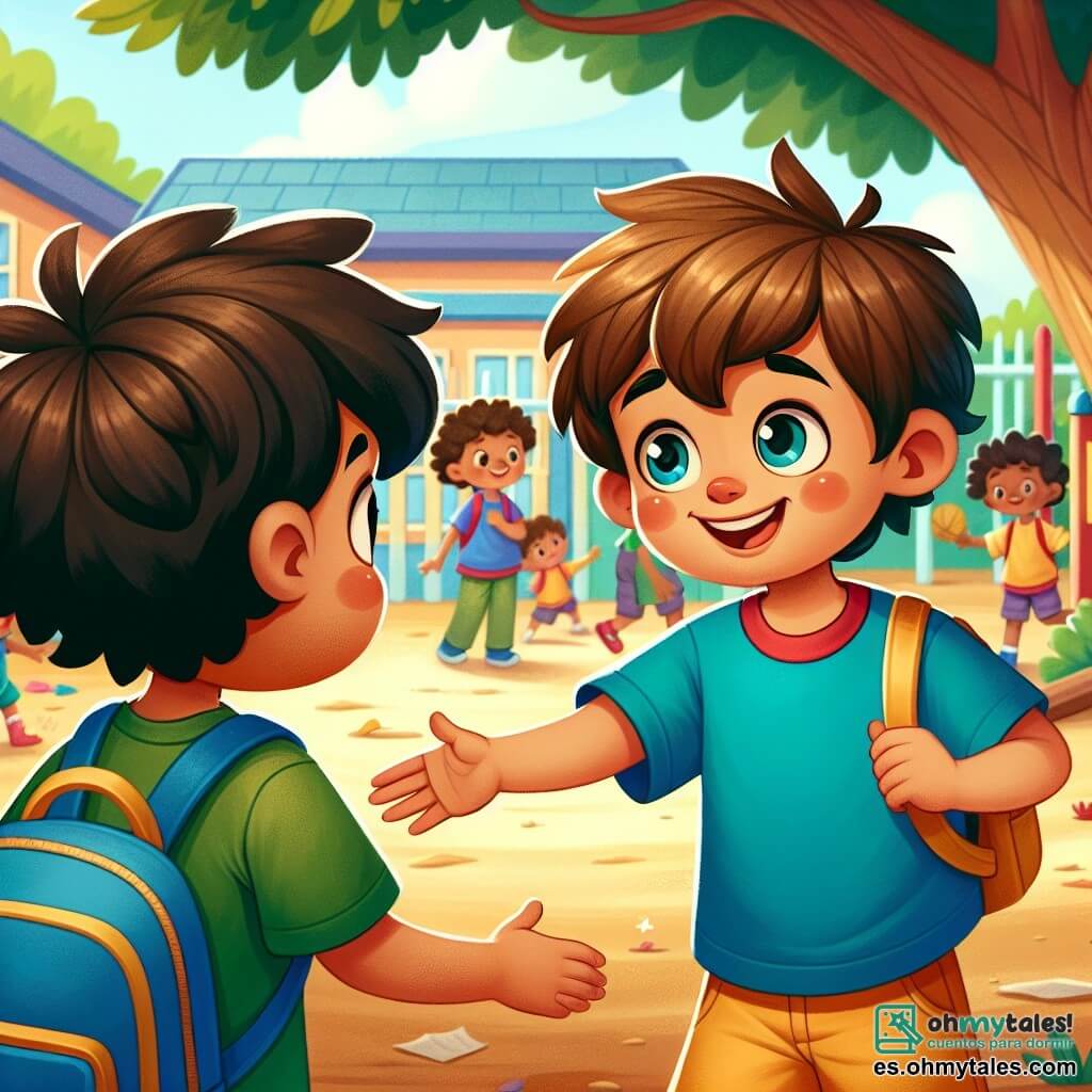 Un niño de 7 años, llamado Pedro, con cabello castaño desordenado y ojos llenos de curiosidad, está en el centro de la imagen, sonriendo ampliamente mientras extiende la mano hacia un nuevo compañero. Lleva una camiseta azul brillante y un pantalón corto amarillo, y su mochila azul está a sus pies. A su lado, otro niño de 7 años, llamado Martín, con cabello negro rizado y ojos tímidos, mira a Pedro con una sonrisa dudosa, vistiendo una camiseta verde y un pantalón beige. Están en el patio de la escuela "Estrella Brillante", un lugar colorido con juegos de madera, un gran árbol que da sombra y niños jugando al fondo. La escena principal muestra a Pedro animando a Martín a unirse a un grupo de niños que juegan juntos, ilustrando la amistad y la solidaridad en un ambiente escolar alegre y acogedor.