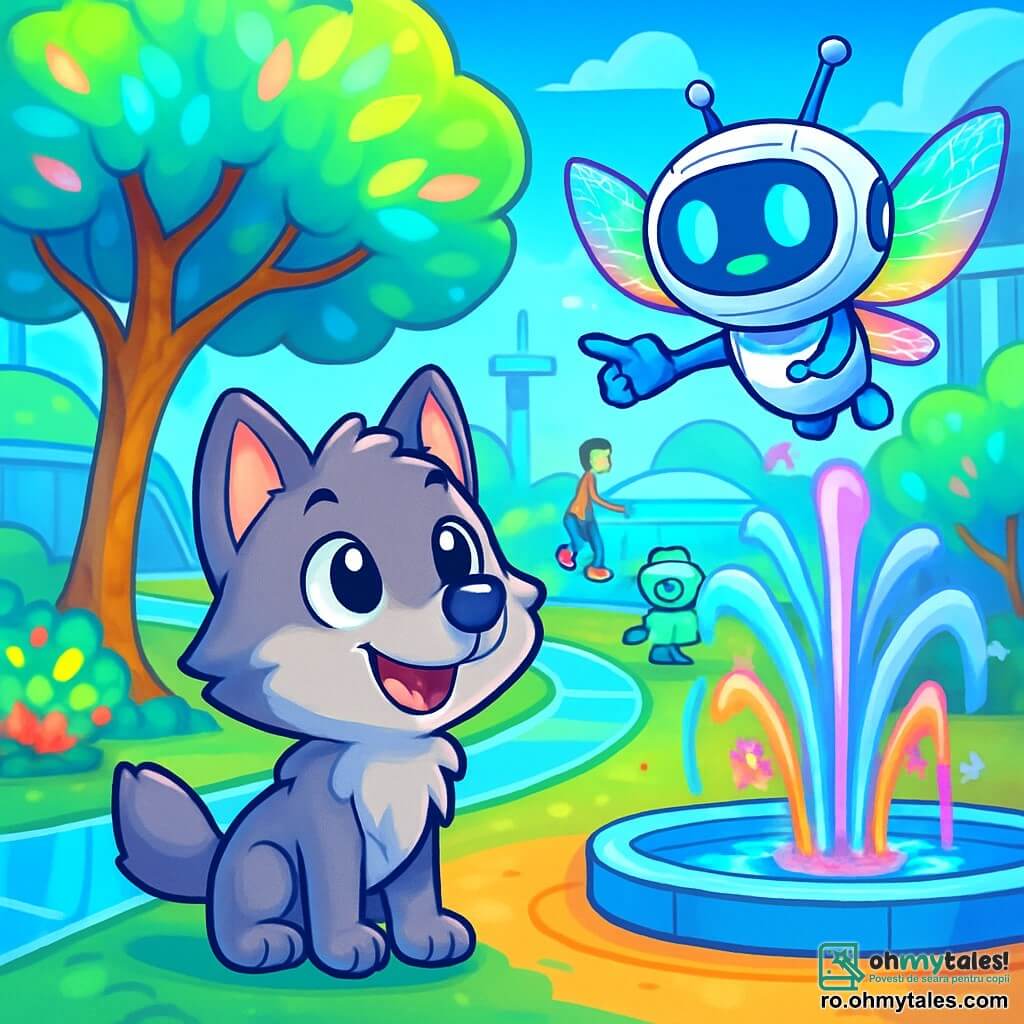 Lupo, un lup mic cu blană argintie și ochi strălucitori, se află în centrul unui parc futurist, cu urechile ridicate și un zâmbet uimit, observând copacii cu frunze luminescente care dansează în vânt. Lângă el, Lira, un dronă-ghid cu aripi holografice strălucitoare, plutește veselă, având o expresie prietenoasă și încurajatoare, arătând cu degetul spre o fântână interactivă care proiectează jeturi de apă colorate. În fundal, parcul este plin de structuri futuriste, cu alei din sticlă transparentă și copii jucându-se pe hoverboard-uri, în timp ce roboți grădinari se îngrijesc de plantele vibrante. Lupo descoperă magia acestei lumi, uimit de culorile strălucitoare și tehnologiile uimitoare care îl înconjoară.