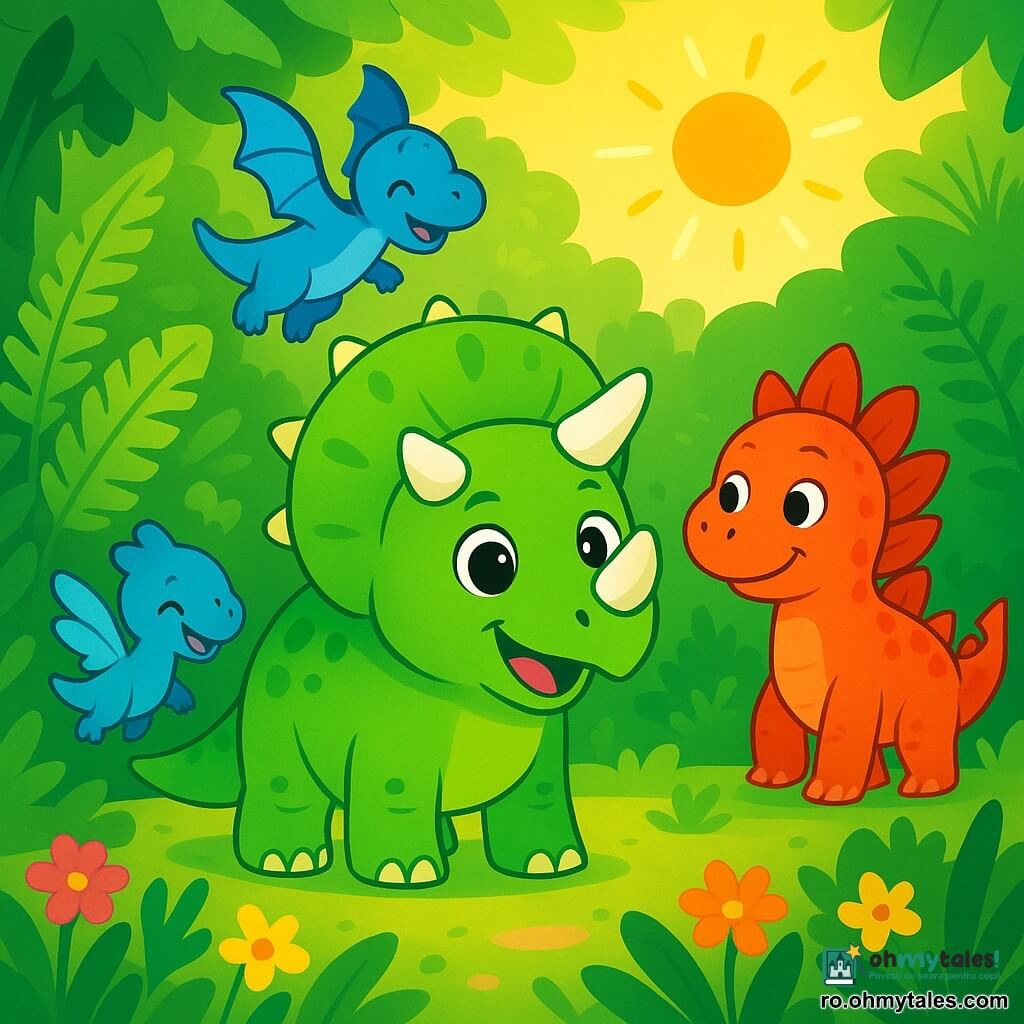 Un triceratops fericit, cu o piele verde strălucitoare și coarne albe, stă în centrul scenei, cu ochii strălucind de excitație. El explorează o pădure luxuriantă, înconjurată de ferigi uriașe și flori colorate, în timp ce un raze de soare filtrează prin frunze. În dreapta sa, Dodo, un dinozaur cu o coadă spinoasă și solzi roșii, îl observă cu curiozitate, cu ochii mari și un zâmbet prietenos. În stânga, Lila, un mic dinozaur cu aripi delicate și piele albastră, zboară vesel în jurul lui Tibi, râzând și făcând piruete în aer. Scena se desfășoară într-o poiană însorită, plină de culori vii și sunete ale naturii. Tibi, intrigat de un zgomot misterios venind din tufișuri, se pregătește să se aventureze spre necunoscut, plin de curaj și curiozitate.