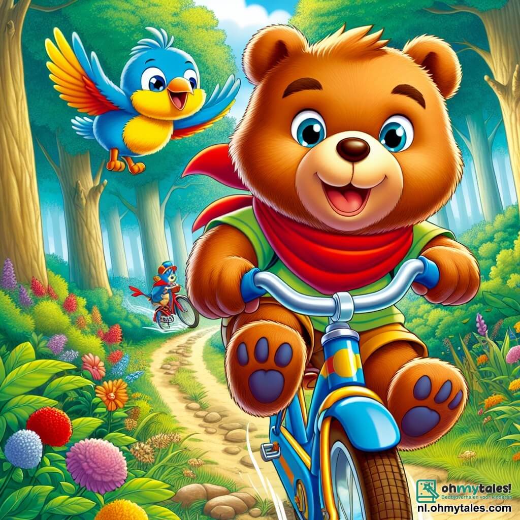 Berenpiet, een glimlachende teddybeer met een zachte bruine vacht en sprankelende ogen vol vastberadenheid, trapt enthousiast op zijn glanzende blauwe fiets, zijn poten stevig op de pedalen, terwijl de wind zijn rode sjaal lichtjes opwaait. Naast hem vliegt Fladder, een kleurrijke vogel met stralende blauwe en gele veren, vrolijk in cirkels om hem heen, met een uitdrukking van aanmoediging en opwinding. De achtergrond is een prachtig groen bos, met majestueuze bomen met helder groene bladeren, kleurrijke bloemen op de grond en een kronkelig pad van aarde dat door de scène slingert. De belangrijkste situatie toont Berenpiet in volle race tijdens de Grote Race van het Bos, met een dynamische en feestelijke sfeer, terwijl hij zich concentreert op de weg voor hem, klaar om alle obstakels te overwinnen en de finishlijn te bereiken.