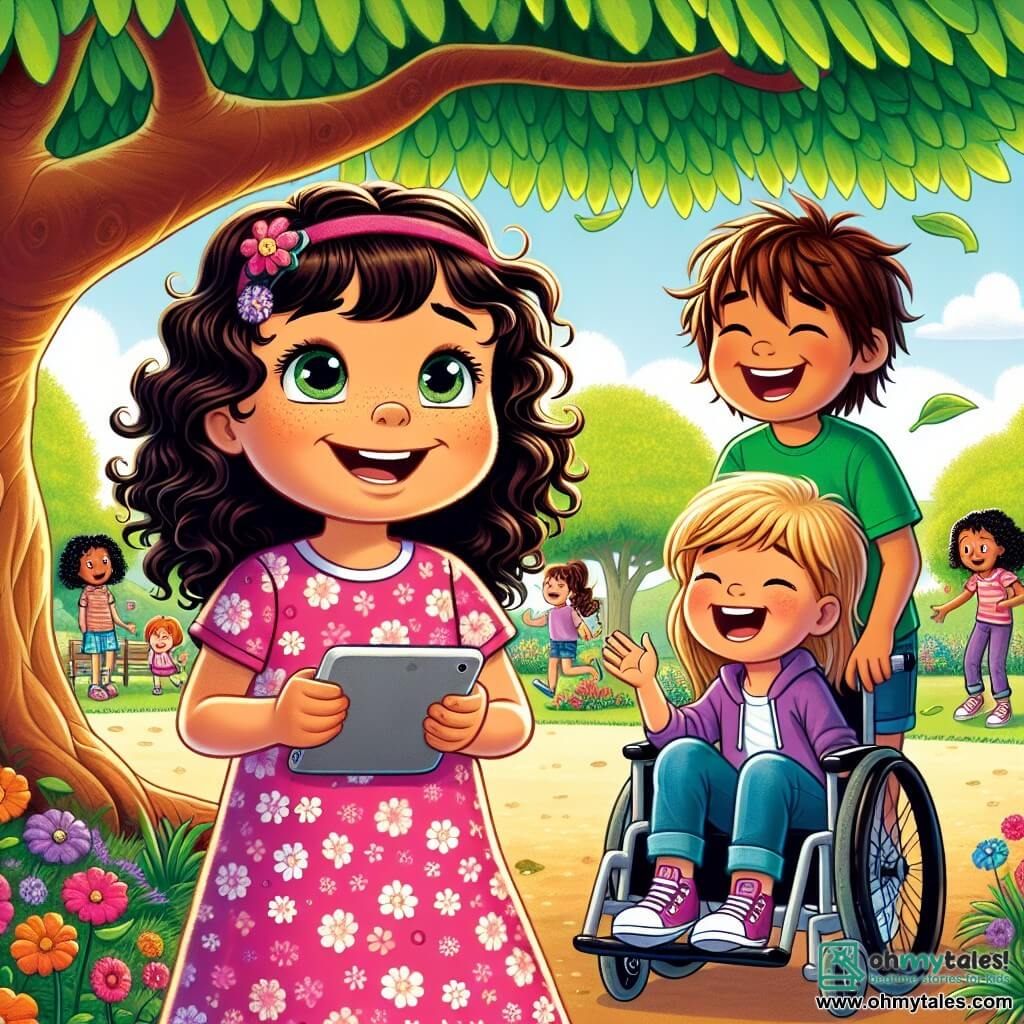 In a sunny park in Sunnyville, three children stand under a large oak tree with bright green leaves. Mia, a seven-year-old girl with curly brown hair and sparkling eyes, looks at her friends with a shy smile. She wears a pink dress with flower patterns. To her right, Leo, a seven-year-old boy with messy blond hair and a big smile, shows Mia a tablet, laughing heartily. He is dressed in a blue t-shirt and shorts. To Mia's left, Emma, a seven-year-old girl in a wheelchair, has smooth black hair and wears a purple hoodie. She smiles warmly, ready to support her friends. The park is filled with colorful flowers and the laughter of children playing in the distance, creating a joyful and welcoming atmosphere. The main scene shows Mia sharing with her friends the hurtful messages she received in the video game, while Leo and Emma listen attentively, ready to help and support her.