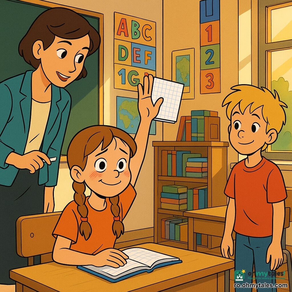Fata principală, 10 ani, păr șaten deschis în două codițe, ochi mari și luminoși, ușor înroșită de nervozitate dar cu un zâmbet timid de ușurare, stă la un pupitru și ridică mâna dreaptă ținând un caiet pătratelat; învățătoarea, ~30 ani, păr scurt brun, expresie blândă, stă lângă tabla neagră aplecată spre clasă cu o cretă albă în mâna stângă; un coleg de 10 ani, păr blond ciufulit, zâmbește încurajator de lângă un pupitru vecin; sala de clasă e luminoasă, ferestre mari lasă să pătrundă un soare auriu, postere colorate cu litere și cifre, hărți și teancuri de cărți pe un raft; situația: o mărturisire sinceră — eleva recunoaște că nu și-a făcut tema, atmosferă tensionată dar reconfortantă, lumini calde și gesturi blânde.