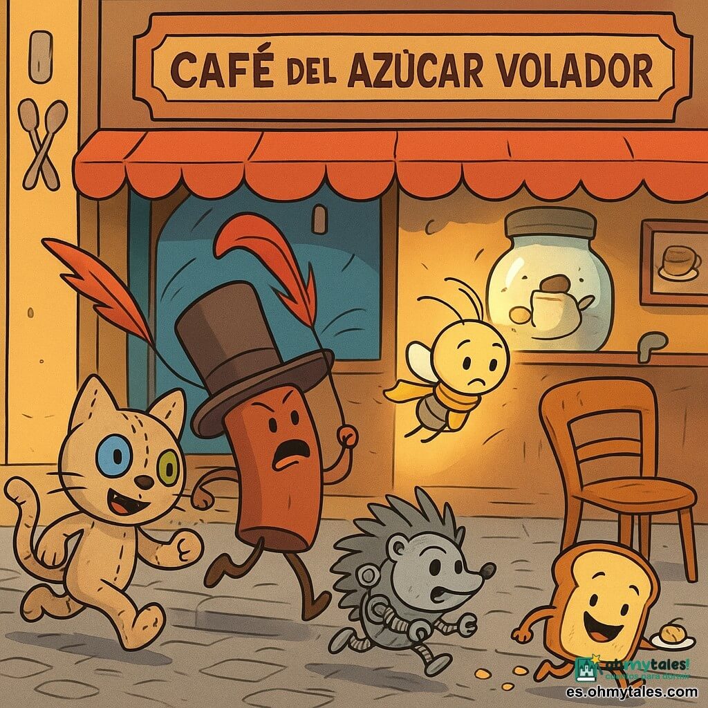 Rizo, un gato de tela hecho con retazos de camisa y ojos de botones azul y verde, tiene una expresión decidida y traviesa mientras corre con la pata de algodón levantada para distraer a una silla risueña; Nori, un sombrero de fieltro alto con una larga pluma roja, parece concentrado y nervioso y tensa la pluma como un lazo desde atrás atrapando suavemente una pata de la silla; Púa, un pequeño erizo mecánico de metal brillante con tornillos y resortes visibles, luce preocupado pero valiente y corre haciendo "clic-clic" con una llave inglesa minúscula; Luma, una luciérnaga redonda con una larga bufanda amarilla, emite una luz suave y ansiosa mientras vuela sobre el grupo; Tostón, una rebanada de pan tostado sonriente, sostiene un plato de migas y desliza sobre una fila de migas como si fuera una alfombra; la silla de madera barnizada de patas exageradas se ríe a carcajadas inclinándose en la calle; la escena ocurre frente al Café del Azúcar Volador, fachada pequeña y colorida con ventana grande y un tarro de azúcar con bigote en el mostrador; situación: una alegre y algo caótica persecución en la acera empedrada con plumas, migas y luces volando, ambiente cálido, colores vivos y composición dinámica.