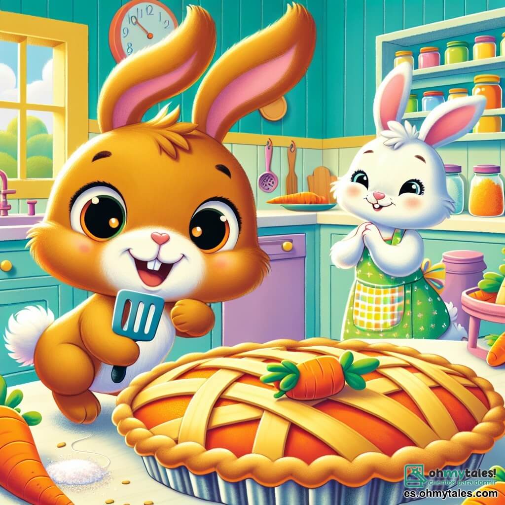 Un pequeño conejo alegre, Lolo, con grandes orejas y un pelaje suave y marrón, salta entusiasmado en una cocina luminosa, sus ojos brillando de felicidad. Sostiene una espátula en sus pequeñas patas, listo para decorar una hermosa tarta de zanahoria. A su lado, su mamá, la Coneja Clara, es una dulce coneja de pelaje blanco y ojos cariñosos, sonriendo con orgullo al mirar a su hijo. Ella está ocupada espolvoreando harina sobre la mesa, creando un ambiente cálido y familiar. La cocina es espaciosa y acogedora, con paredes pintadas de amarillo pastel, estanterías llenas de tarros coloridos y una gran ventana que deja entrar la luz del sol, iluminando la escena de manera alegre. La situación principal muestra a Lolo y su mamá preparando una tarta de zanahoria para el Día del Padre, llenos de emoción y complicidad, rodeados de ingredientes coloridos y una atmósfera festiva.
