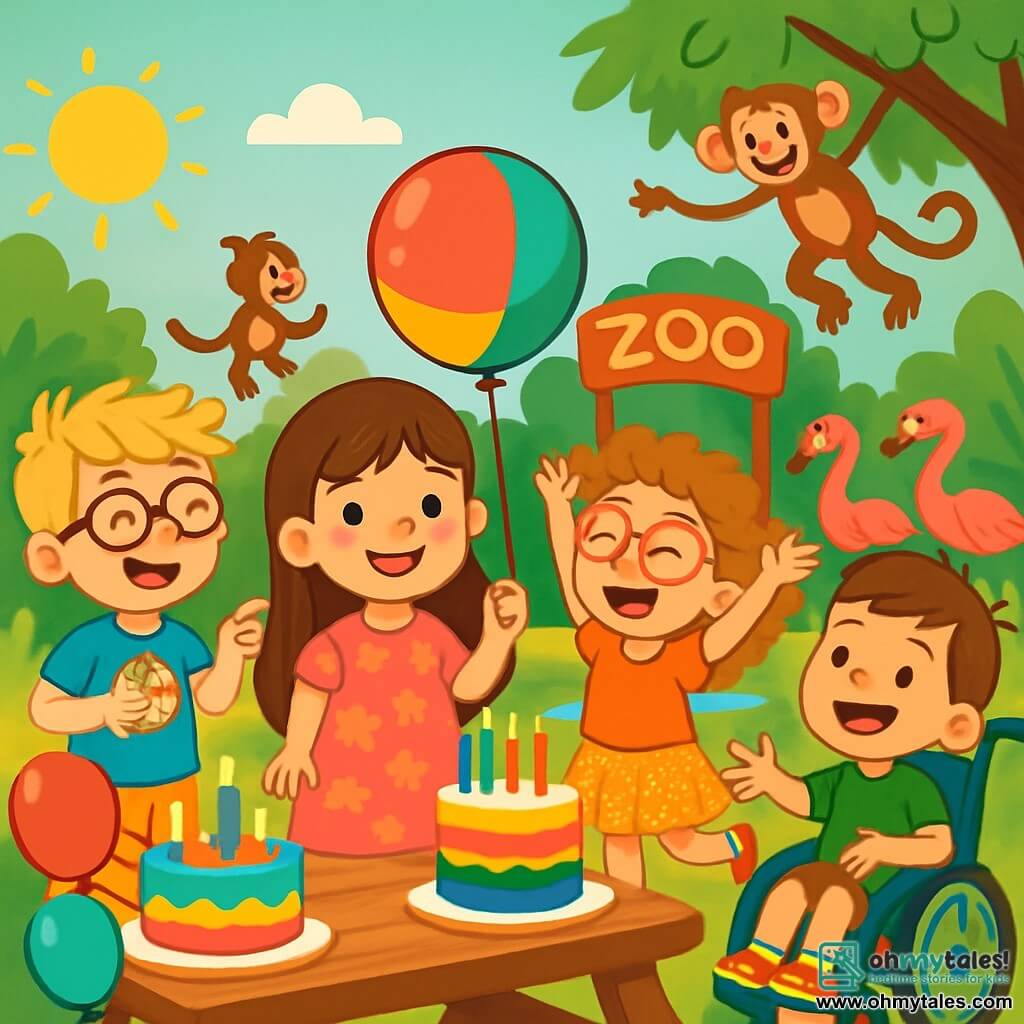 There are 4 children: Eva, a 6-year-old girl with long brown hair and sparkling eyes, wearing a pink dress with flower patterns and holding a colorful balloon; Sam, a 6-year-old boy with messy blonde hair and glasses, in a blue t-shirt with a monkey design, laughing and pointing at a small monkey; Mia, a 6-year-old girl with curly hair and pink glasses, in a glittery skirt, joyfully dancing near flamingos; and Ben, a 6-year-old boy in a wheelchair with brown hair and a big smile, wearing a green t-shirt and playfully spinning around his friends. The scene takes place in a sunny zoo filled with lush greenery and vibrant colors, with exotic animals in the background, including monkeys jumping in trees and flamingos by a shimmering pond. Colorful balloons float in the air, and a large picnic table is decorated with a brightly colored birthday cake. The main situation shows the children having fun together, laughing and playing around the animals, with Eva at the center, holding her balloon and surrounded by her smiling friends.