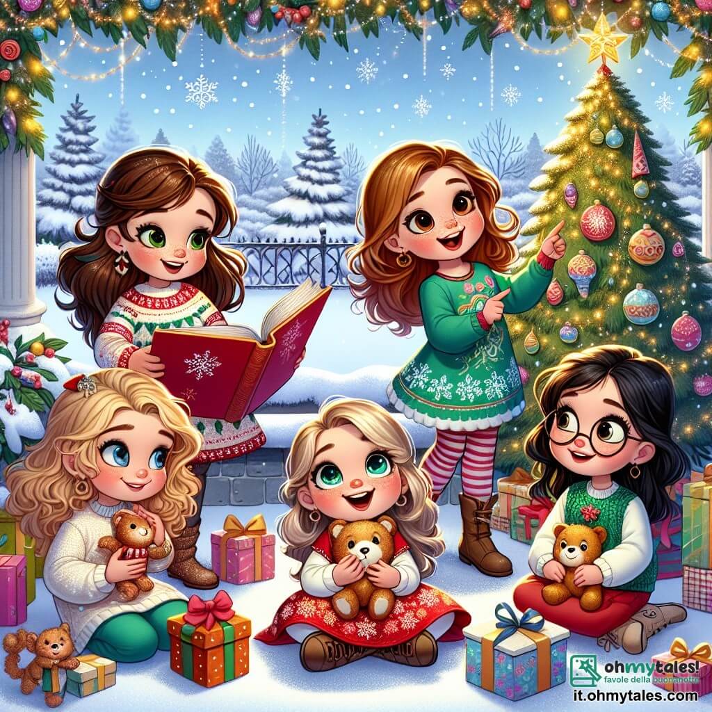 Al centro dell'immagine, quattro bambine sorridenti si trovano attorno a un grande albero di Natale scintillante. Laura, 8 anni con lunghi capelli castani e occhi brillanti, indossa un vestito rosso con motivi di fiocchi di neve e tiene un libro aperto. Sara, 7 anni con capelli biondi ricci e un maglione verde, è seduta per terra, circondata da pacchetti colorati, mentre scarta un regalo. Chiara, 6 anni con capelli castani e occhiali rotondi, è in piedi accanto a Laura e indica una decorazione brillante sull'albero. Elena, 5 anni con capelli neri e una piccola treccia, è seduta in una sedia a rotelle decorata, stringendo un peluche e guardando le sue amiche con gioia. Lo sfondo è un giardino innevato con fiocchi di neve che cadono dal cielo blu chiaro. L'albero di Natale, maestoso e illuminato, è circondato da regali colorati, e le stelle brillano nel cielo. La scena rappresenta un momento magico in cui le bambine scoprono i regali e condividono la loro gioia, simboleggiando lo spirito del Natale e l'amicizia.
