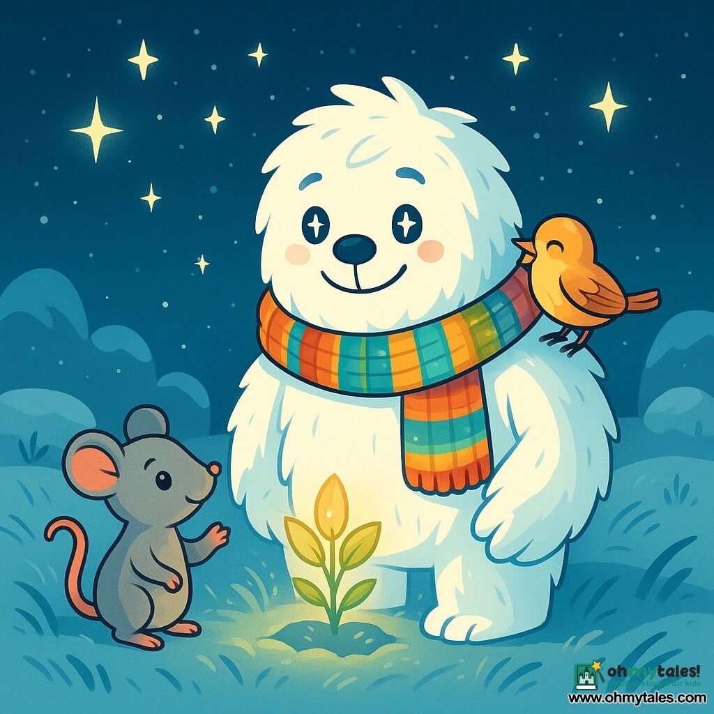 A majestic yeti with bright white fur and gentle star-like eyes stands in the center of the scene, wearing a warm and kind smile. He has a colorful knitted scarf made from the first snows and attentively watches a small group of friends. To his right, a curious little gray mouse with sparkling eyes stands on its hind legs, raising a paw as if asking a question. To his left, a young mockingbird, a sparrow with golden feathers, joyfully sings while perched on the yeti's shoulder. The setting is a silvery plain illuminated by the soft light of stars twinkling like lanterns. Grasses gently sway in the breeze, and in the distance, rounded rocks resembling mossy cushions can be seen. The main scene shows the yeti and his friends joyfully discussing, forming a circle around a small depression in the ground, from which a soft light emanates from a glowing plant, symbolizing their shared dream of protection.