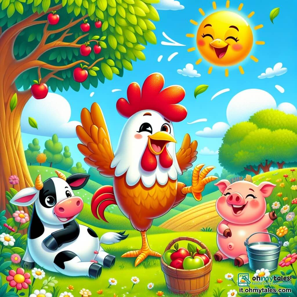 Un gallo di nome Piumino, con piume colorate di rosso e oro, è al centro dell'immagine, sorridente mentre solleva una zampa, pronto ad invitare i suoi amici alla sua festa. Alla sua destra, una mucca bianca e nera, con un grande sorriso, tiene un secchio di latte, mentre a sinistra, un maialino rosa con guance rotonde e occhi scintillanti mostra orgogliosamente un cesto pieno di mele. Lo sfondo è una fattoria soleggiata e incantevole, con campi verdi, fiori colorati e un cielo blu punteggiato di nuvole soffici. La scena si svolge vicino a un grande albero, dove gli animali si riuniscono per celebrare la festa di Piumino, piena di risate e gioia. Gli amici animali stanno danzando e cantando insieme, creando un'atmosfera festosa e divertente.