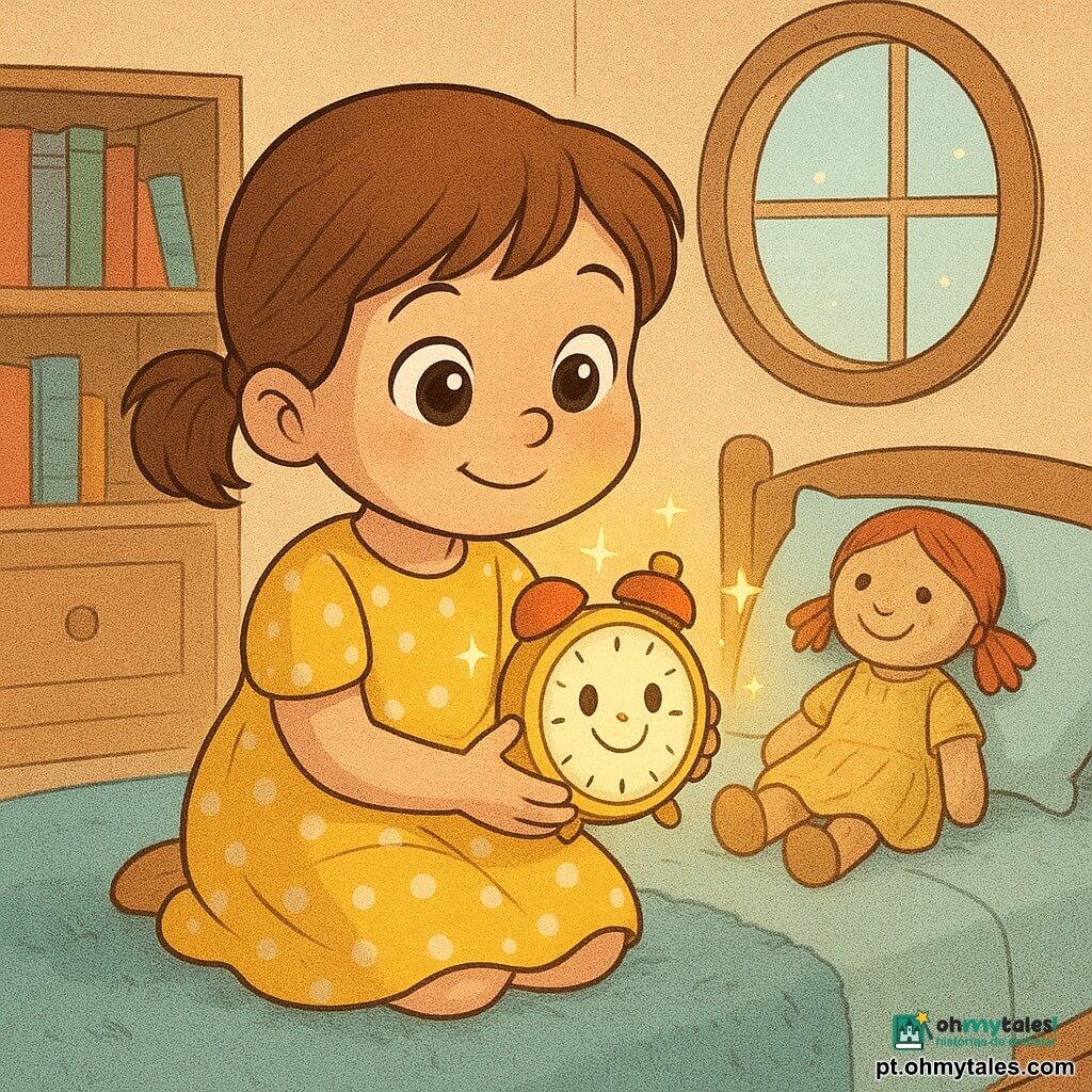 Uma menina de 4 anos, olhos grandes e brilhantes, cabelos castanhos curtos em rabo, veste um vestido amarelo com bolinhas brancas e abraça um pequeno despertador redondo que emite uma luz dourada; o despertador tem um rosto sorridente desenhado no mostrador, botões coloridos e solta pequenas estrelas luminosas; uma boneca de tecido com vestido amarelo desbotado e sorriso bordado está sobre o travesseiro; o quarto é suave e claro — tapete azul macio, estante de madeira com livros coloridos e janela redonda deixando entrar luz suave com poeira brilhante — e a cena transmite o retorno ao presente após uma viagem no tempo, com atmosfera acolhedora, luz dourada e expressão de calma e alegria na menina.