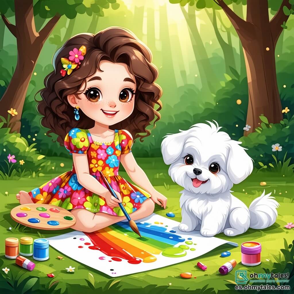 Marisol es una niña de 5 años, con grandes ojos curiosos y cabello rizado castaño, vestida con un vestido colorido de flores. Sonríe alegremente, sentada en la hierba verde del jardín, sosteniendo una paleta de pintura y un pincel, pintando un arcoíris en una hoja grande de papel. A su lado, Pelusa, su pequeño perro blanco de pelo suave, mueve la cola con entusiasmo, listo para jugar. Un poco más lejos, se ve a Juan, un niño de 5 años con cabello negro y gafas redondas, que observa a Marisol sonriendo, sosteniendo una pelota colorida. Lucía, una niña de 5 años con trenzas rubias, está sentada en una manta, rodeada de lápices de colores, dibujando flores. El jardín está lleno de flores coloridas, con mariposas volando y un gran árbol que ofrece sombra. Al fondo, el sol brilla en un cielo azul claro, creando un ambiente alegre y luminoso. La escena principal muestra a Marisol, feliz y creativa, pintando mientras juega con sus amigos y su perro, ilustrando el equilibrio entre el mundo digital y el placer de jugar al aire libre.