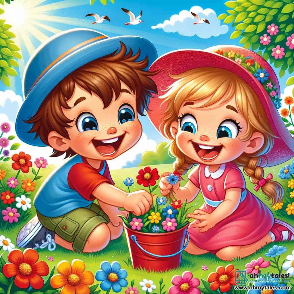 A 4-year-old boy, Max, with messy brown hair and a big joyful smile, is wearing a blue hat and a red t-shirt. He is crouched in the green grass, holding a small red bucket filled with colorful flowers. Next to him, a 4-year-old girl, Anna, with braided blonde hair and a pink dress, is smiling while holding a red flower she just picked. Their eyes shine with happiness. The scene takes place in a sunny park with leafy trees, vibrant flowers, and a blue sky dotted with fluffy white clouds. Max and Anna are laughing together, surrounded by bright colors, searching for flowers in the soft grass, with singing birds in the background.