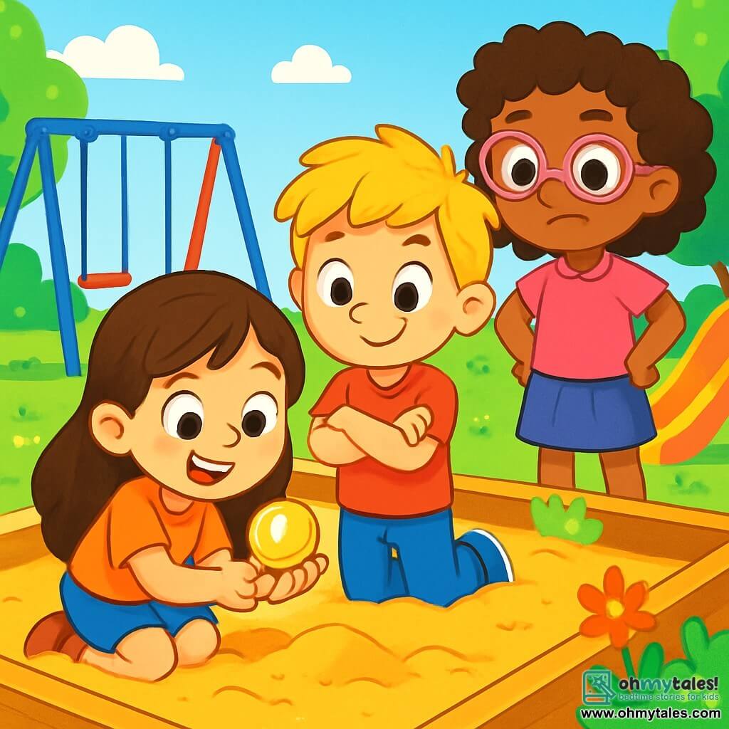 A 6-year-old girl named Mia, with long brown hair and sparkling eyes, is kneeling in a golden sandbox. She holds a shiny gold button in her hand, her face glowing with excitement and wonder. Next to her, Ben, a 6-year-old boy with messy blonde hair and a red t-shirt, looks at the button with a big smile, arms crossed, ready to investigate. Lily, a 6-year-old girl with curly hair and pink glasses, stands behind them with her hands on her hips, looking determined and intrigued. The sandbox is surrounded by colorful swings and slides under a bright blue sky dotted with fluffy white clouds. Green trees with shiny leaves line the park, and colorful flowers add a touch of magic to the environment. Mia, Ben, and Lily are investigating the golden button, wondering where it came from and searching for clues in the sandbox.