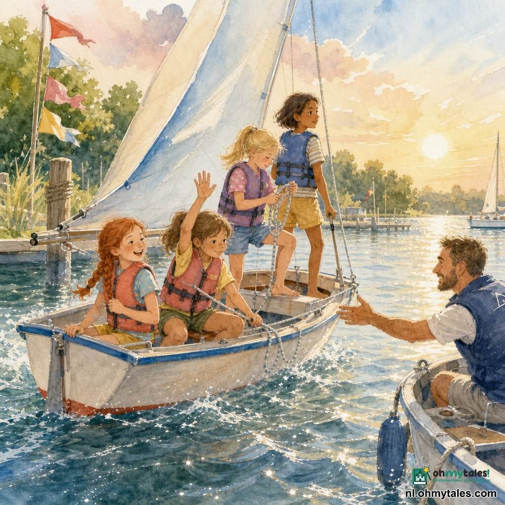 Vijf personen: Noor, 8, lichtbruin haar in paardenstaart, rond gezicht met sproeten, zit midden in de kleine zeilboot, houdt het roerkoord stevig vast en heft licht de hand om te vragen te vertragen; Tess, 8, kort bruin haar, kalme blik, achterin bij het roer, ontspannen en vertrouwenwekkend, kijkt naar de horizon; Mila, 8, rood haar in vlecht, ondeugende glimlach, zit links van Noor en houdt met één hand de giek terwijl ze lacht; Lotte, 7, blond met staartje, telt knopen in het touw, staat achter Noor op de stijgerrand met één voet op de plank; Sam, instructeur, volwassene, licht gebruinde huid en korte baard, donkerblauw vest, in een klein begeleidingsbootje naast hen en steekt de hand uit om te helpen. Plaats: kleine jachthaven aan een rustig meer, lichte houten vlonders, verdraaide touwwerk, kleurrijke vlaggetjes, glinsterend water met gouden zonreflecties, groen gras en enkele bomen op de achtergrond. Situatie: een schoolzeilboot vaart rustig maar wordt schuingezet door een sterkere vlaag; zachte zomerse namiddagverlichting in pastelkleuren, met witte gelpenhooglichten op golven en waterdruppels.