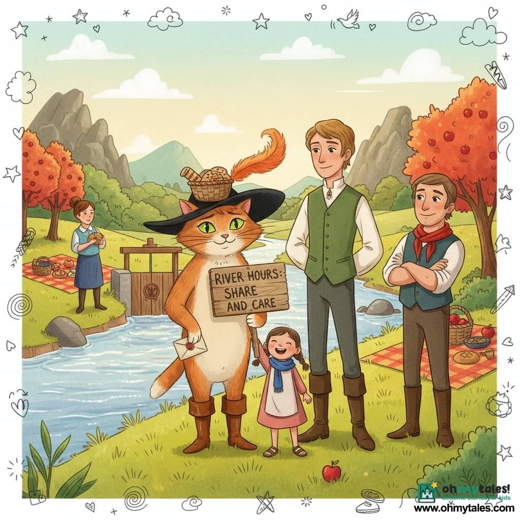 Puss in Boots, proud and gentle, grins with bright green eyes, wearing shiny brown boots and a wide-brimmed black hat with a red feather while balancing a small honey-bread basket on his head; the Marquis, ~22, elegant in a cream shirt and green vest, stands beside him proud and tender; Lila, ~7, in a blue scarf and simple dress, smiles in the foreground holding a painted sign "RIVER HOURS: SHARE AND CARE"; Mayor Rowan, ~45, sturdy with a red neckerchief, stands near Mayor Elowen, ~40, hair in a bun and blue blouse, who holds a loaf and smiles shyly at the children; setting is a riverside meadow with colorful blankets, glowing apple trees, a small wooden sluice gate stamped with a dove wax seal, green hills and rocky passes under a pastel sky; scene: a warm, late-afternoon valley-sharing picnic where children and adults laugh and exchange bread and apples, Puss in Boots at the center bringing a sealed letter, vivid colors and visible fabric and wood textures.
