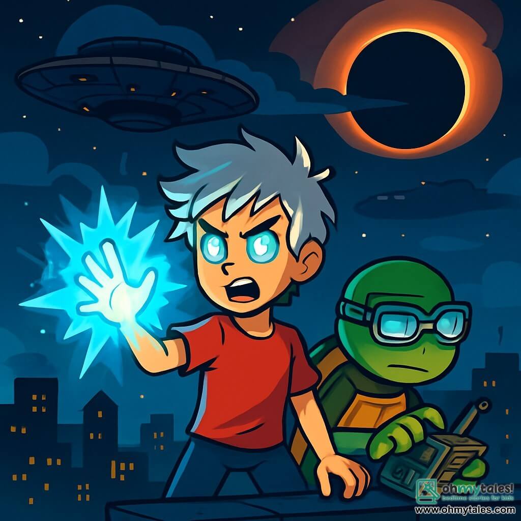 Starlance, an 11-year-old boy with tousled silver hair and eyes shining like stars, stands on the roof of a skyscraper. His face shows intense determination as he raises his hand to focus his cosmic energy, surrounded by a bright blue glow. Next to him, Techno-Turtle, a humanoid turtle with futuristic glasses and a shiny shell, adjusts a complex gadget, his expression focused and serious. The sky is darkened by an eclipse, and a massive, ominous spaceship hovers above the city. Below, the city of Luminara is shrouded in darkness, with the lights of the buildings flickering faintly. The main scene depicts Starlance ready to defend his city, with bursts of light emanating from his hands, illuminating the urban landscape below.