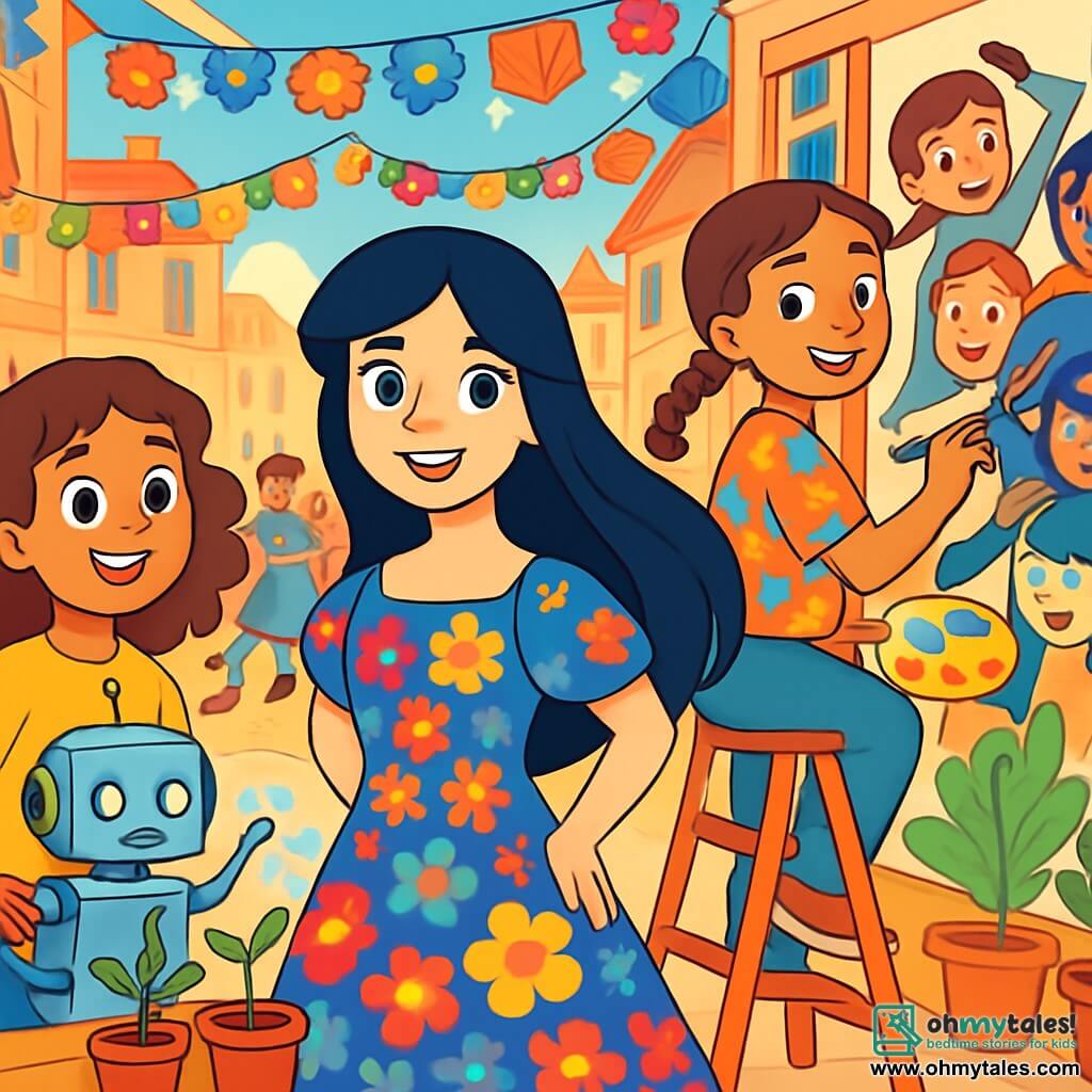 Aurora, Sleeping Beauty, is a young girl with long, silky night-colored hair, wearing a vibrant dress adorned with multicolored flowers. She has a determined and joyful look, illuminated by a radiant smile, as she stands at the center of a festive scene. Beside her, Leila, a curly-haired brown girl about 10 years old, is presenting a sparkling robot that waters plants, with stars in her eyes. Sofia, another 10-year-old girl with braided hair in a colorful blouse, is painting a large mural filled with diverse heroes, standing on a ladder next to the stage. The location is a lively town square decorated with flower garlands and colorful lanterns, with children and adults joyfully dancing around them. The main scene shows Aurora and her friends celebrating their festival, surrounded by laughter and creativity, while smiling faces emerge from all sides, illustrating a united and vibrant community.