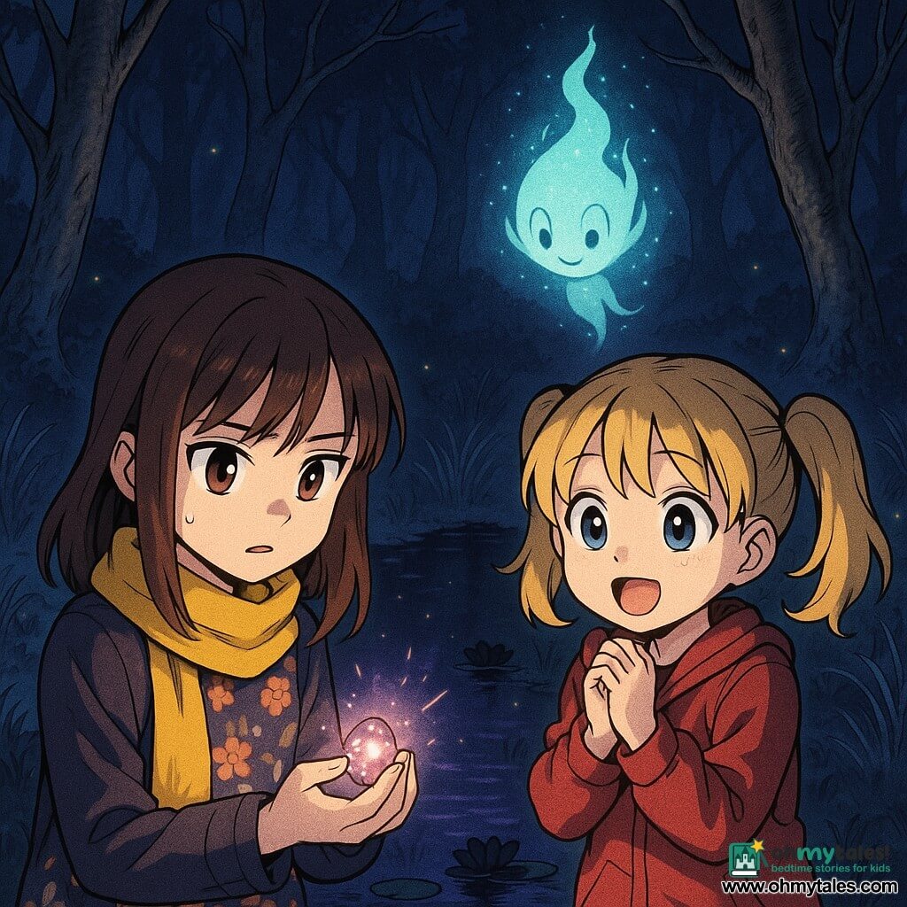 Three characters: Lily, about 9, straight chestnut hair, bright yellow scarf, floral dress, cautious expression, holding a small sparkling stone slightly left of center; Emma, about 8, blonde pigtails, curious smile, red jacket, hands clasped in excitement, standing to Lily's right and looking at the stone; a forest spirit — a small floating blue-green flame with gentle eyes, shimmering aura and light filaments — hovering above the pond at the rear center like a living lantern. Setting: a night clearing by a dark pond with mirror-like water reflecting violet and gold, black water lilies, silvery tall grass and twisted tree trunks, low bluish mist and scattered fireflies. Main situation: the girls just found a glowing heartstone at the base of an ancient tree by the pond; the stone pulses soft pink light while the spirit floats above the water casting a mysterious halo; the mood is slightly unsettling but magical, long shadows and a sharp contrast between the warm glow of the stone and the cold darkness of the forest.