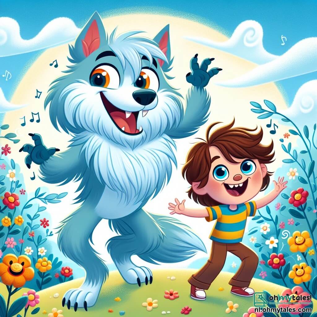 Op de voorgrond danst een vriendelijke weerwolf genaamd Loupie, met een zachte en donzige lichtblauwe vacht, ondeugende sprankelende ogen en een grote blije glimlach, op een kleine heuvel bedekt met kleurrijke bloemen. Naast hem lacht een 8-jarig jongetje genaamd Timo, met rommelig bruin haar en een gestreept geel-blauw t-shirt, terwijl hij probeert het ritme van Loupie te volgen. Ze bevinden zich in het magische landschap van Flonkerland, waar de lucht helderblauw is, de bomen vol met snoepfruit hangen en limonade rivieren door het decor kronkelen. De hoofdscène toont Loupie en Timo die samen plezier hebben, omringd door zingende bloemen die dansen op het ritme van hun vreugde, wat een sfeer van geluk en avontuur creëert.