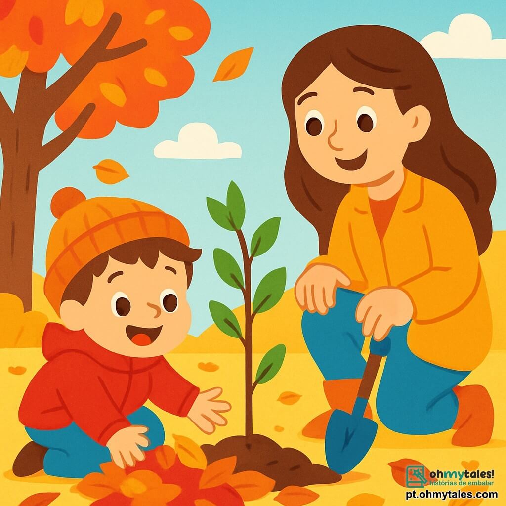 Um menino de 2 anos, com cabelos castanhos bagunçados e um grande sorriso alegre, usa um bonito casaco vermelho e um gorro de lã. Ele está agachado em um jardim, com as mãos nas folhas de outono, maravilhado com as cores vivas ao seu redor. Sua mãe, uma mulher de cerca de trinta anos, com longos cabelos castanhos e um sorriso caloroso, está ao seu lado, segurando uma pequena pá de plástico e olhando para o filho com ternura. O jardim está cheio de folhas douradas, vermelhas e laranjas, sob um céu azul claro com algumas nuvens brancas flutuantes. Ao fundo, vê-se um grande carvalho com galhos carregados de folhas coloridas. A cena mostra o menino e sua mãe plantando uma pequena árvore, cercados por folhas caídas, enquanto o vento faz as folhas dançarem ao redor deles.