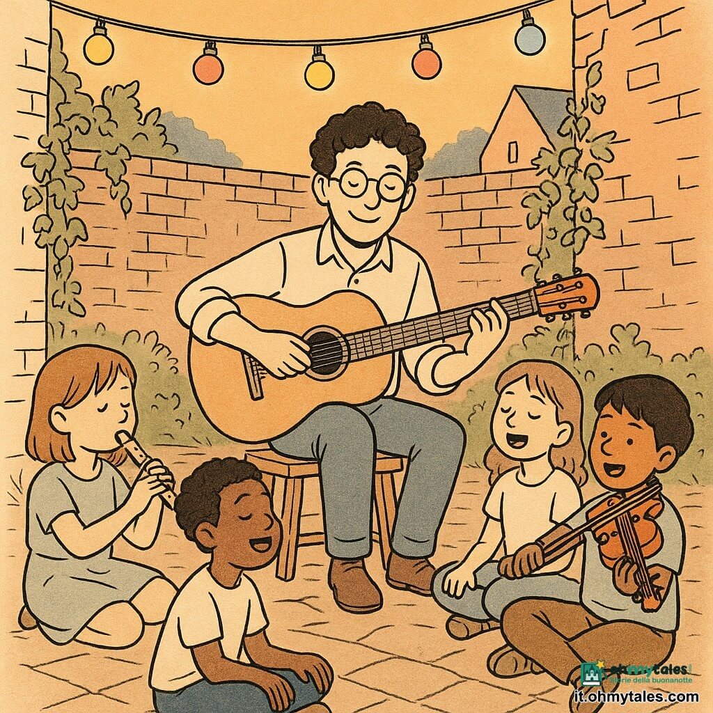 Un uomo sulla trentina, Tommaso, è seduto su un piccolo podio di legno, con una chitarra. Ha un volto sereno e sorridente, con capelli ricci e occhiali rotondi. Intorno a lui, un gruppo di quattro bambini, due ragazze e due ragazzi, di circa 8 anni, sono seduti in cerchio. Una ragazza suona il flauto, un ragazzo tiene un violino, e gli altri due cantano gioiosamente. Sono concentrati e felici, i loro volti illuminati da ghirlande di luci colorate sospese sopra di loro. Il luogo è un piccolo cortile lastricato, circondato da muri di mattoni con piante rampicanti. L'atmosfera è calda e accogliente, con un cielo al crepuscolo sullo sfondo. La scena principale mostra Tommaso e i bambini che suonano insieme, creando un'atmosfera armoniosa e festosa.