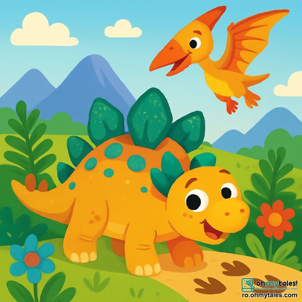 Un mic stegosaurus pe nume Stegi, cu plăci verzi și albastre strălucitoare pe spate, stă în mijlocul unei văi însorite, având o expresie de curiozitate și entuziasm pe față. Lângă el, un mic pterodactil cu aripi colorate, având pene galbene și roșii, zboară vesel pe cer, observându-l pe Stegi cu un zâmbet prietenos. În fundal, valea este plină de ferigi mari verzi, flori preistorice în culori vii și munți măreți sub un cer albastru deschis. Stegi, intrigat de urme misterioase pe sol, se pregătește să le urmeze pentru a descoperi noi prieteni în această aventură palpitantă.
