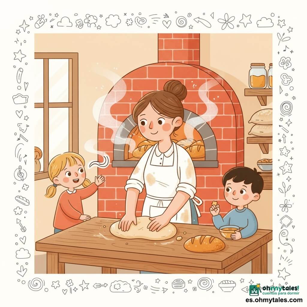 Una panadera sonriente y serena, pelo castaño recogido, delantal blanco con harina, amasa masa pegajosa en una gran mesa de madera; a su izquierda, una niña de unos 5 años, rubia con coletas y ojos maravillados, mira por la ventana y extiende la mano hacia el olor del pan; a la derecha, un niño de unos 7 años, moreno, sostiene un pequeño cuenco de miel con migas en los dedos; al fondo, un gran horno de ladrillo emite luz naranja y vapor, hay sacos de harina y frascos en estantes de madera, la panadera saca panes dorados y crujientes con corteza brillante y vapor que sube, creando una atmósfera cálida y acogedora en tonos ocres, naranja y crema.
