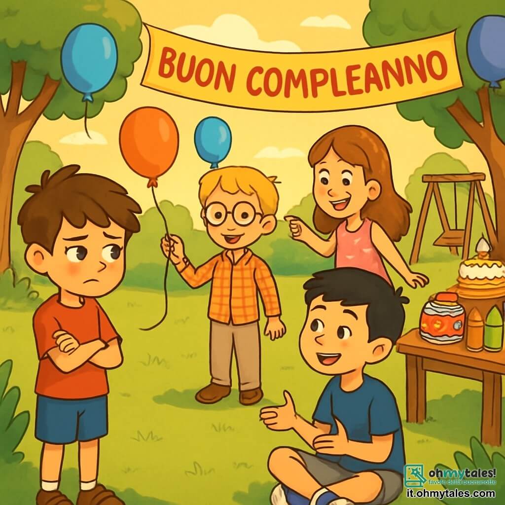 Ci sono quattro bambini: Marco, un ragazzo di 10 anni con capelli castani disordinati e occhi verdi, indossa una maglietta rossa e pantaloni blu, sembra pensieroso mentre osserva i suoi amici. Paolo, un ragazzo di 10 anni con capelli biondi e occhiali rotondi, indossa una camicia a quadri e pantaloni beige, è al centro sorridente con un pallone da festa. Giulia, una ragazza di 10 anni con capelli lunghi e ondulati castano chiaro, indossa un vestito rosa con fiori, ride accanto a Paolo. Samuele, un ragazzo di 10 anni con capelli corti e neri, indossa una maglietta blu scuro e pantaloni grigi, è seduto sull'erba ascoltando Marco. La scena si svolge in un parco verde illuminato dalla luce dorata del sole al tramonto, con alberi maestosi e palloncini colorati. Una grande tavola è piena di dolci e bevande, con uno striscione "Buon Compleanno" tra due alberi. Marco parla pensieroso a Samuele, esprimendo sentimenti di gelosia, mentre Samuele lo ascolta con attenzione.