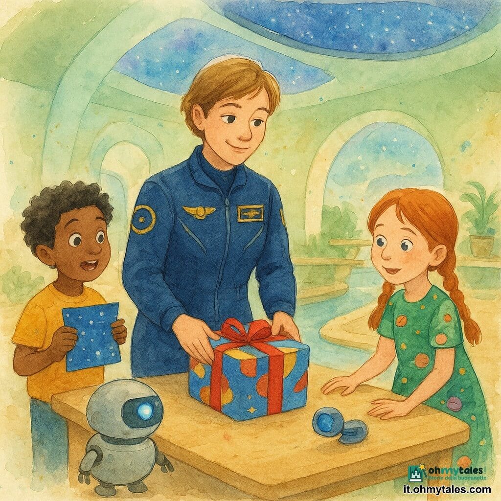 Donna: la comandante Lina, circa 35 anni, sguardo dolce e concentrato, tuta da pilota spaziale blu scuro con distintivi dorati, capelli corti castano chiaro, sorride leggermente mentre posa un pacchetto colorato su un tavolo di classe chiaro. Ragazzo: 8 anni, capelli ricci neri, occhi stupefatti, tiene una piccola carta stellare di stoffa a sinistra di Lina. Ragazza: 7 anni, due trecce rosse, abito verde con motivi planetari, tocca una mini-cannocchiale di plastica a destra di Lina. Robot: Pico, piccolo robot a forma di scatola arrotondata argentata opaca con un occhio luminoso blu, gira vicino ai piedi di Lina come un fedele compagno. Luogo: interno del Cilindro Azzurro con pareti curve verde tenue e bianco, un grande soffitto-schermo che mostra un cielo stellato artificiale, canale d'acqua con ponticelli, piante e panche arrotondate. Situazione: consegna di strumenti e carte ai bambini in una classe spaziale, scena calda e tranquilla, luce soffusa, colori pastello con tocchi vivaci, composizione centrata su Lina e il pacchetto, atmosfera di gratitudine e scoperta.